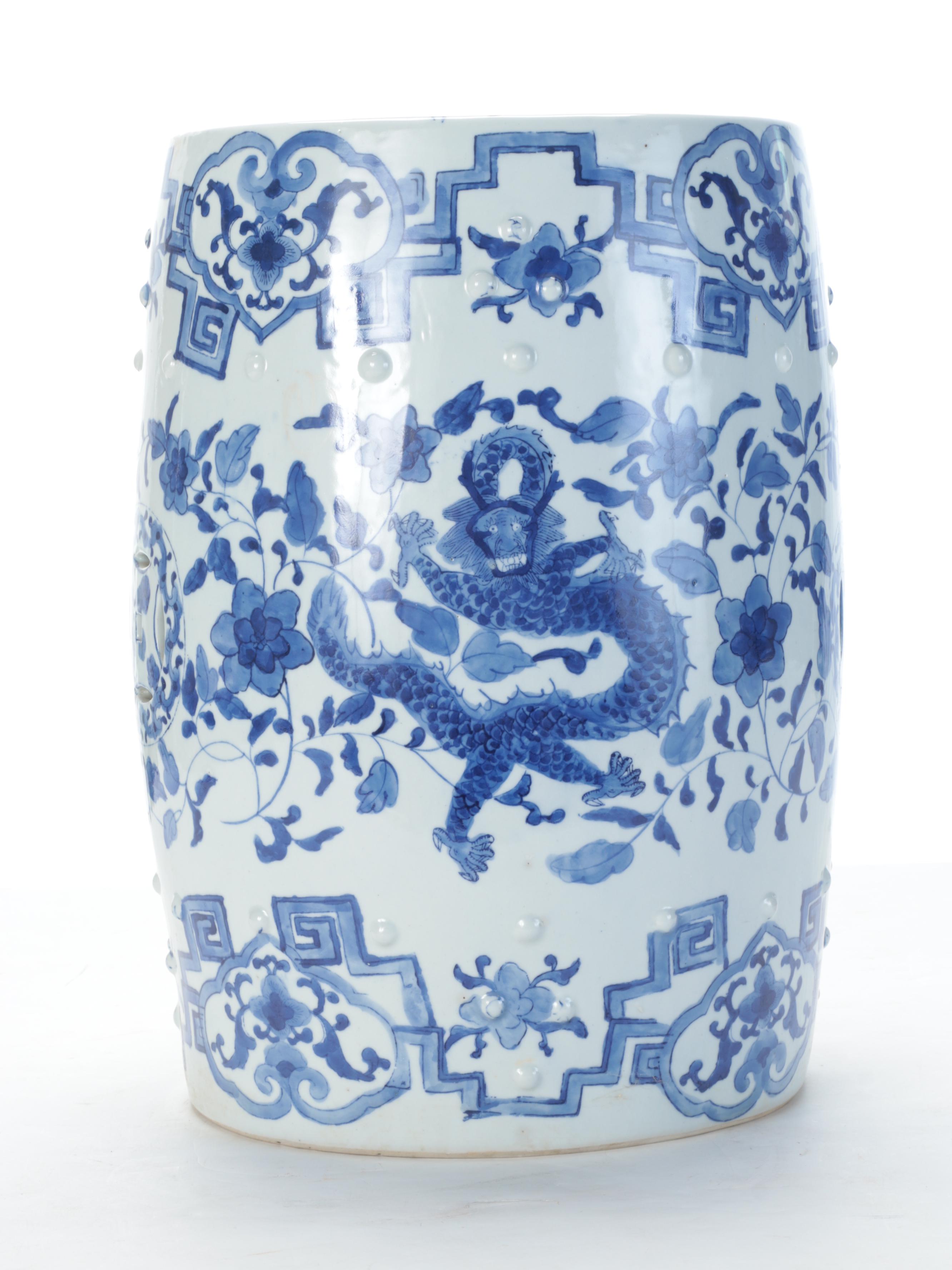 Chinese Blue and White Phoenix and Dragon Motif Porcelain Garden Stool