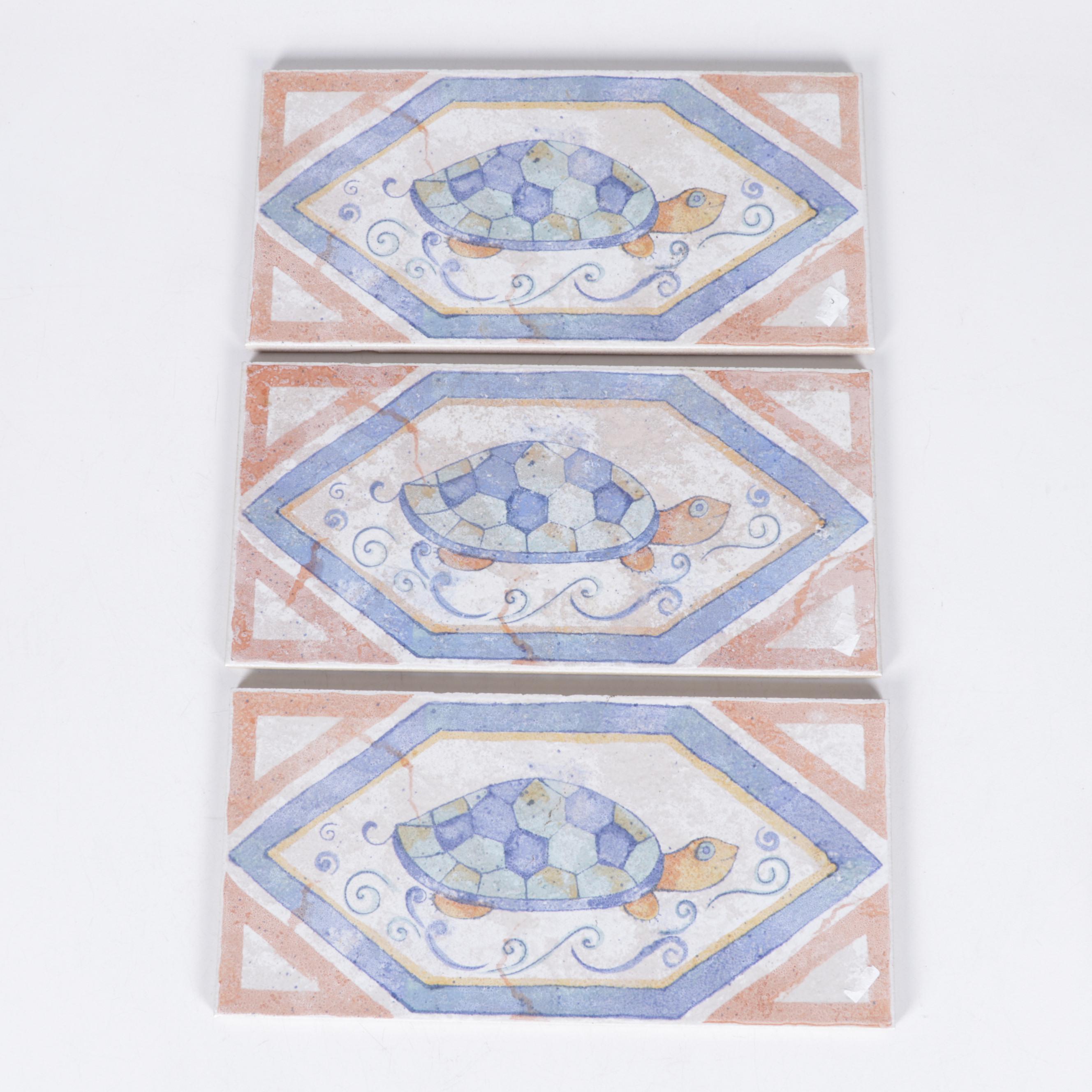 German Polychrome Faïence Tiles With Fish, Turtle and Bird