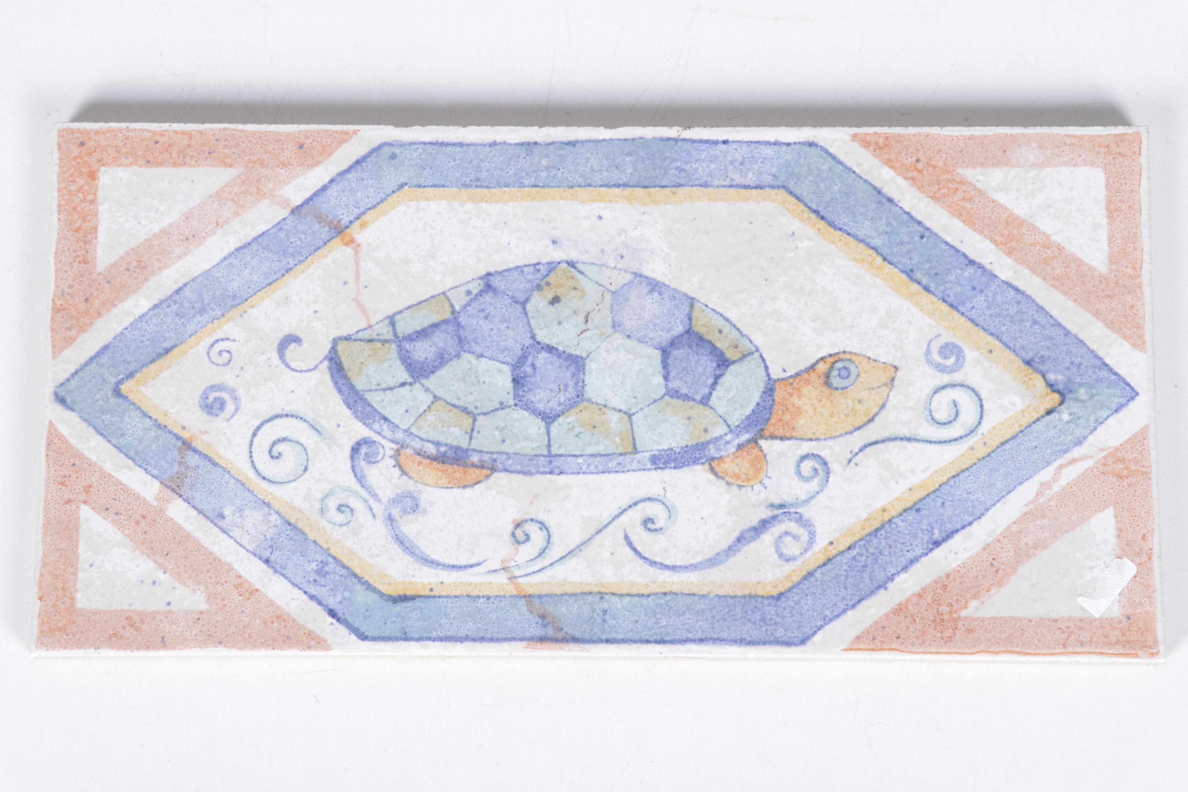 German Polychrome Faïence Tiles With Fish, Turtle and Bird