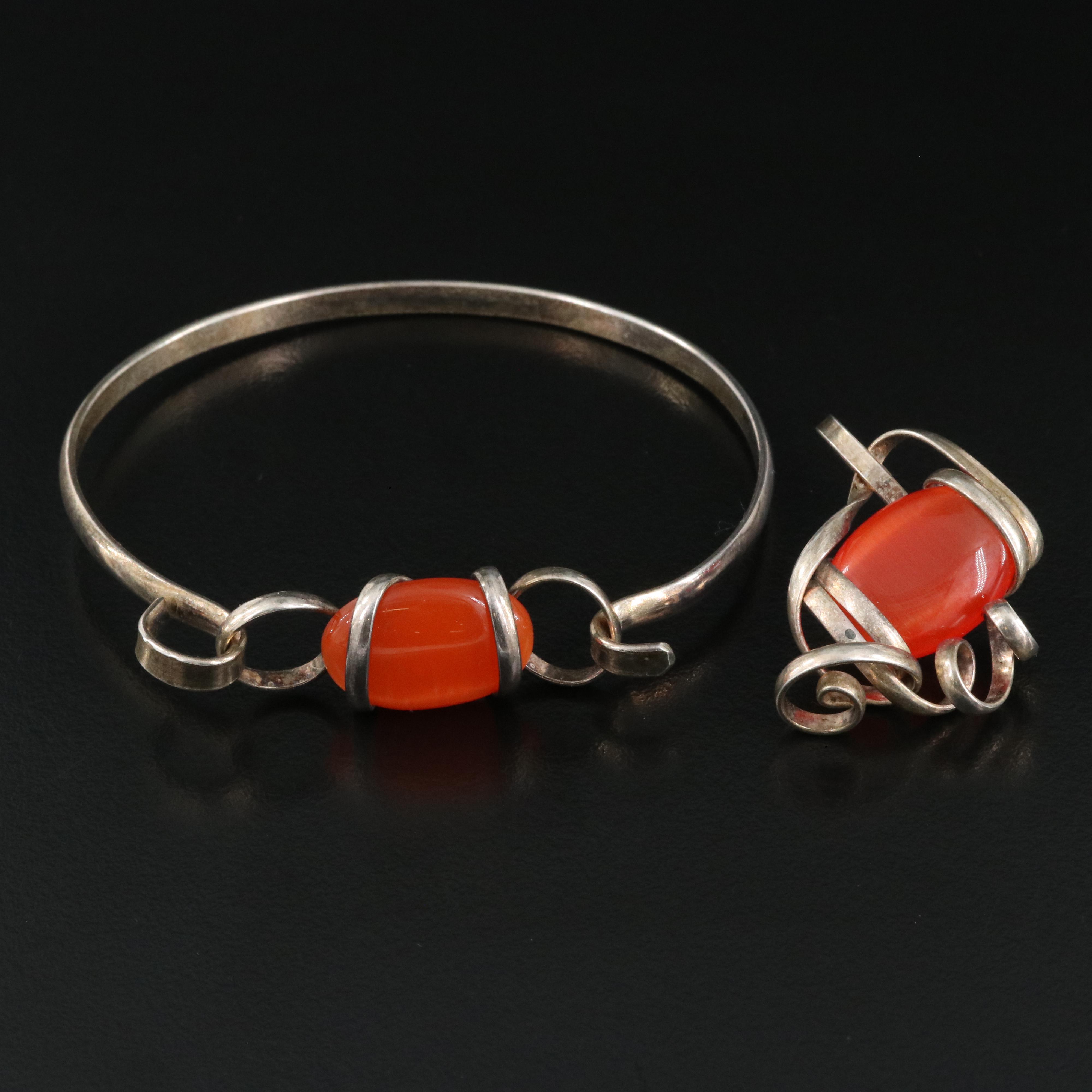 Cat's Eye Glass Hinged Bangle and Pendant Set