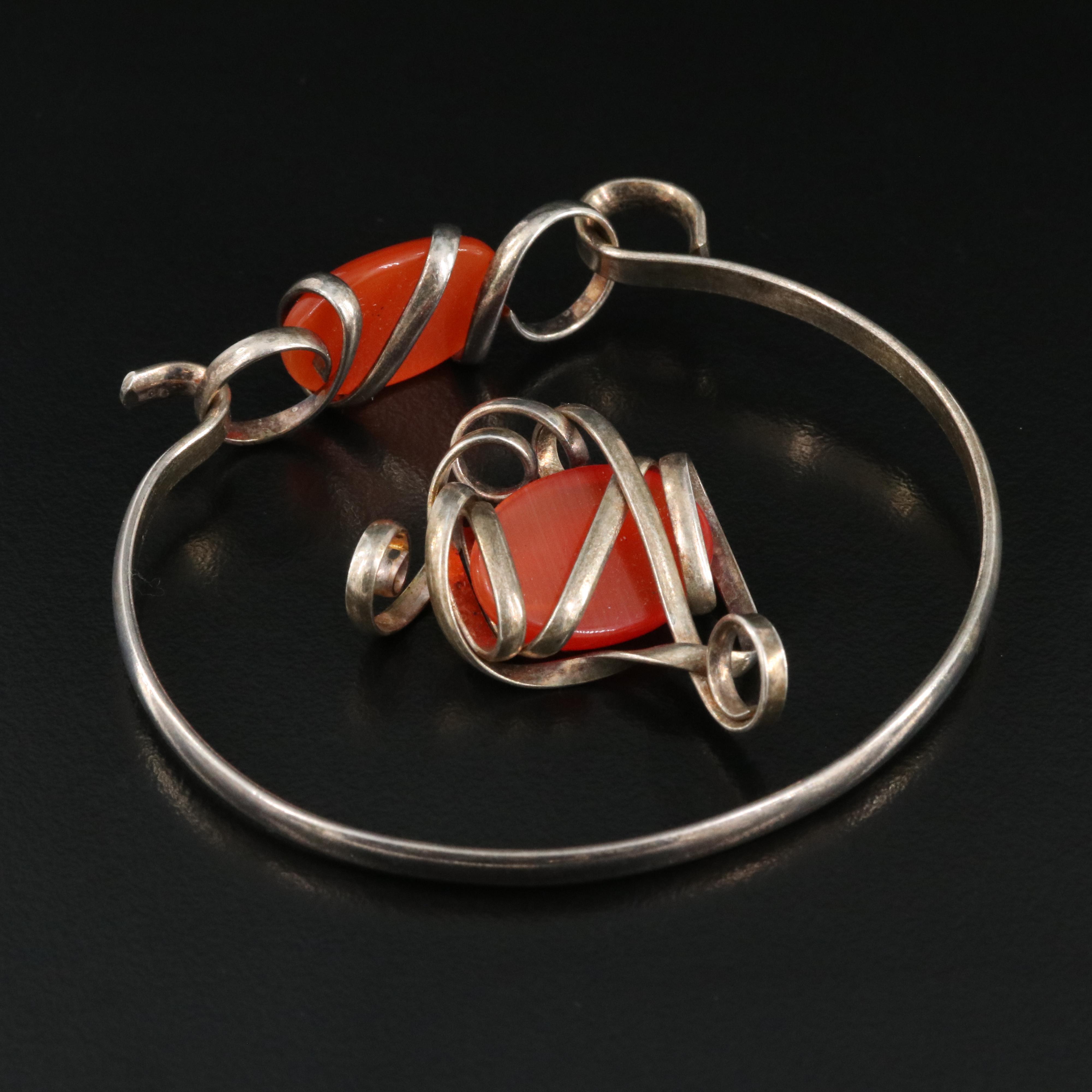 Cat's Eye Glass Hinged Bangle and Pendant Set