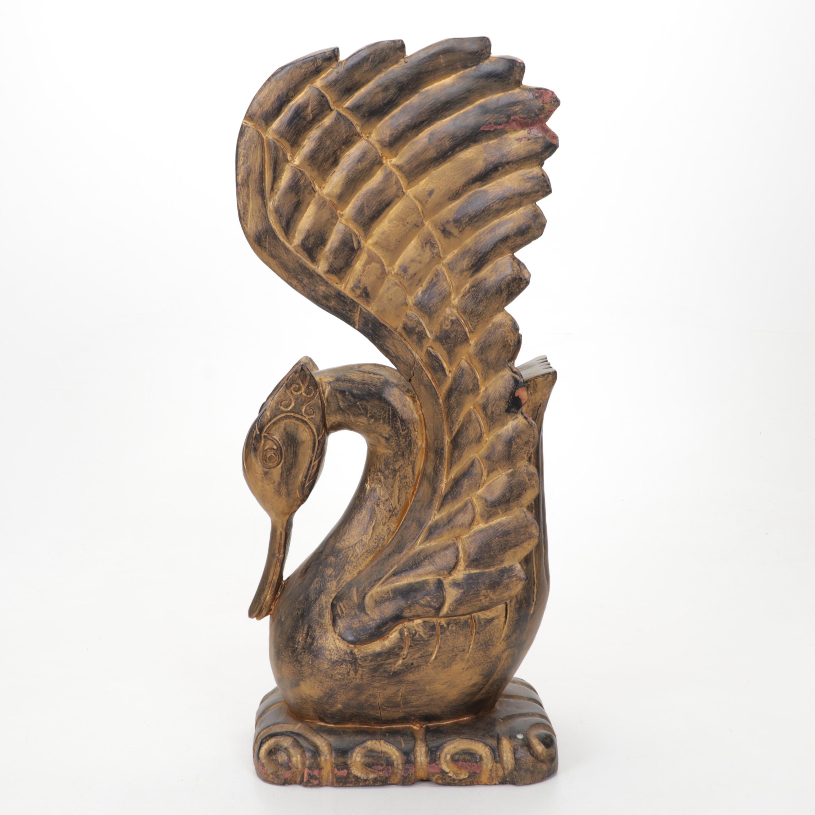 Carved and Hand-Painted Wooden Swan Sculpture