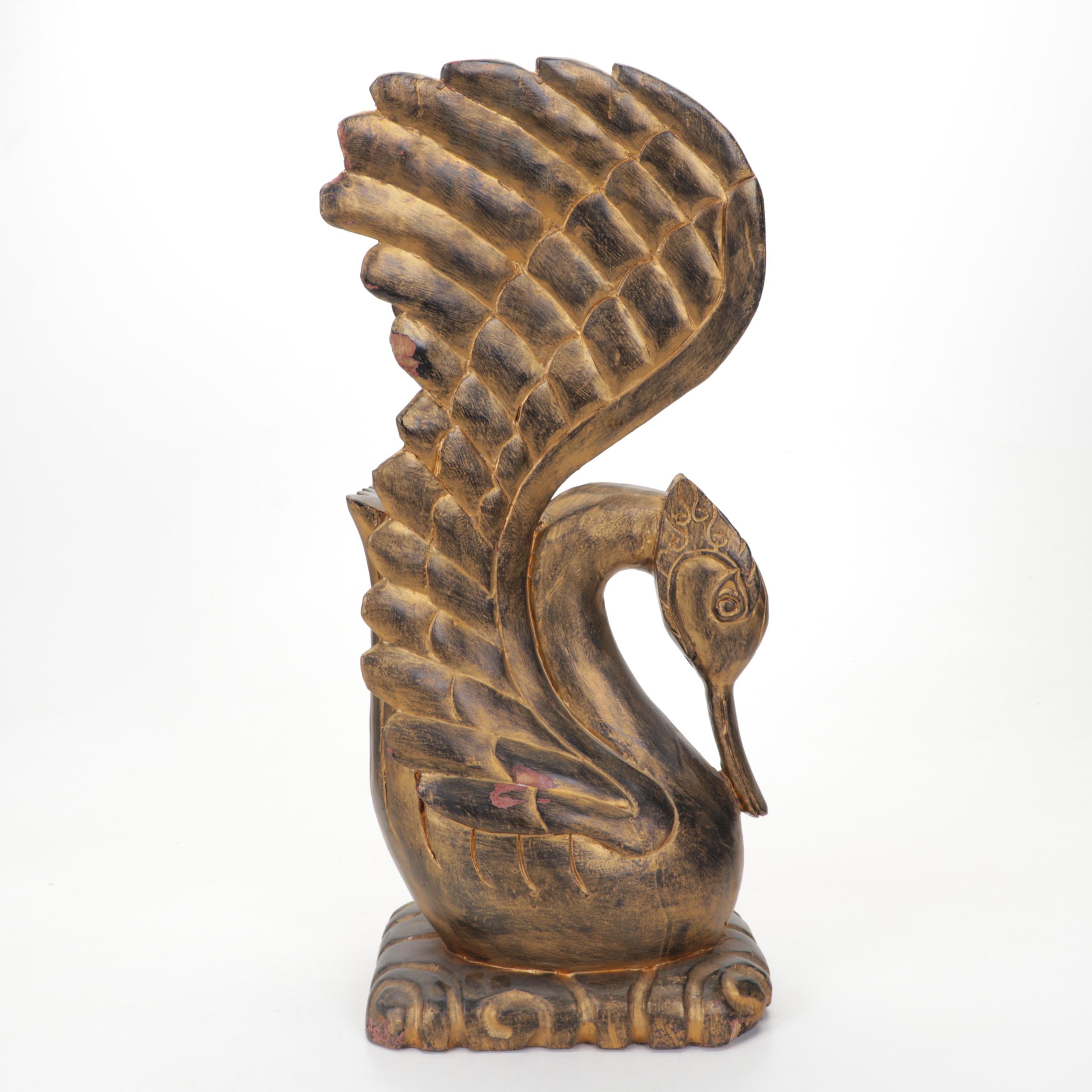 Carved and Hand-Painted Wooden Swan Sculpture