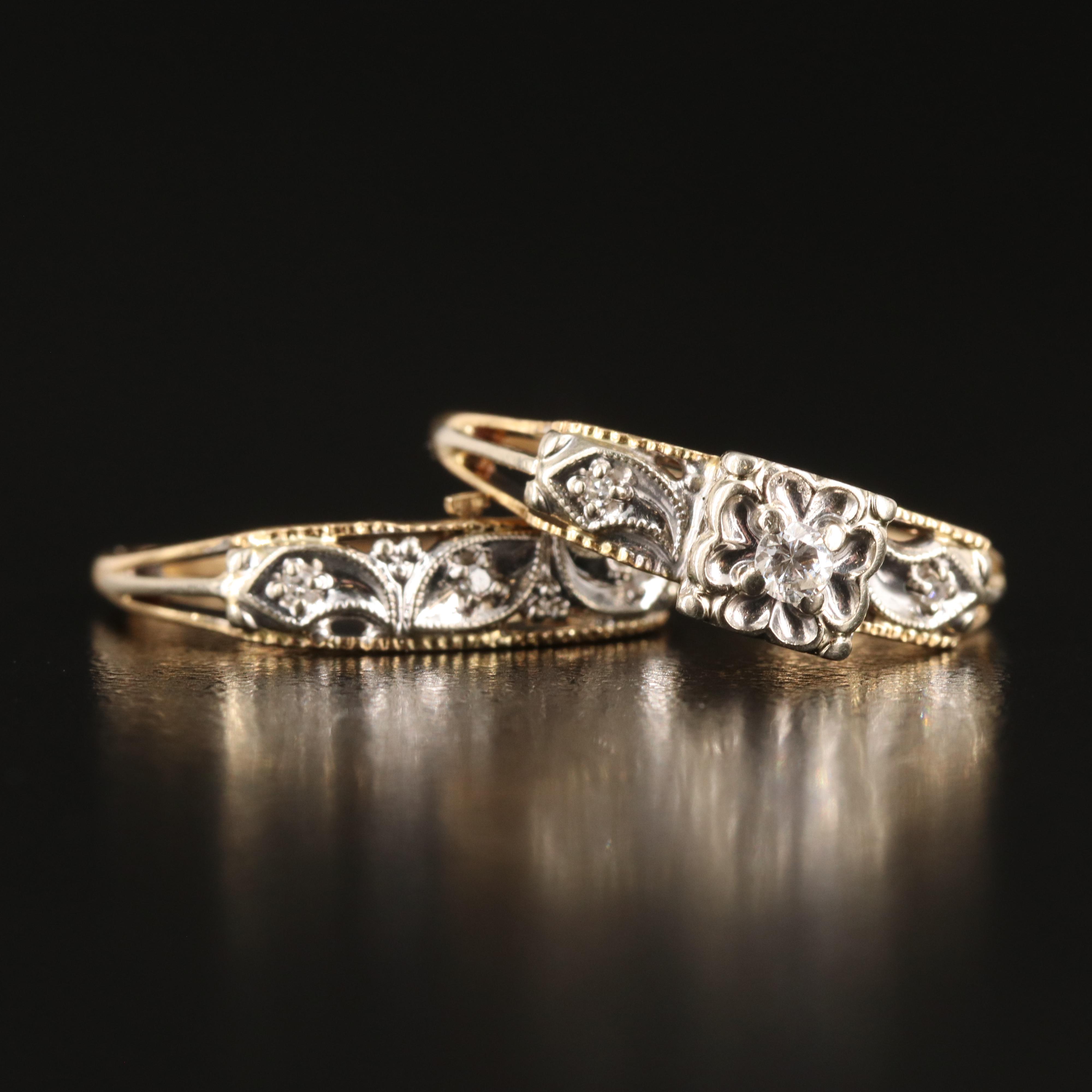 Vintage 14K 0.06 CTW Diamond Ring Set