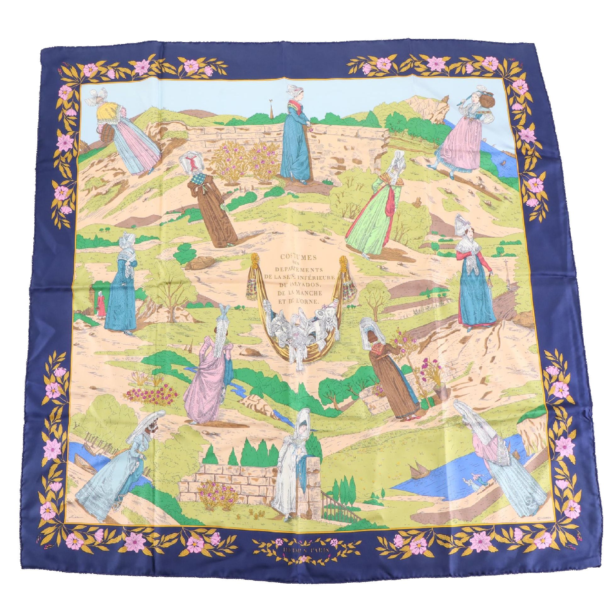 Hermès "Coiffes Normandes" Scarf 90 in Silk Twill