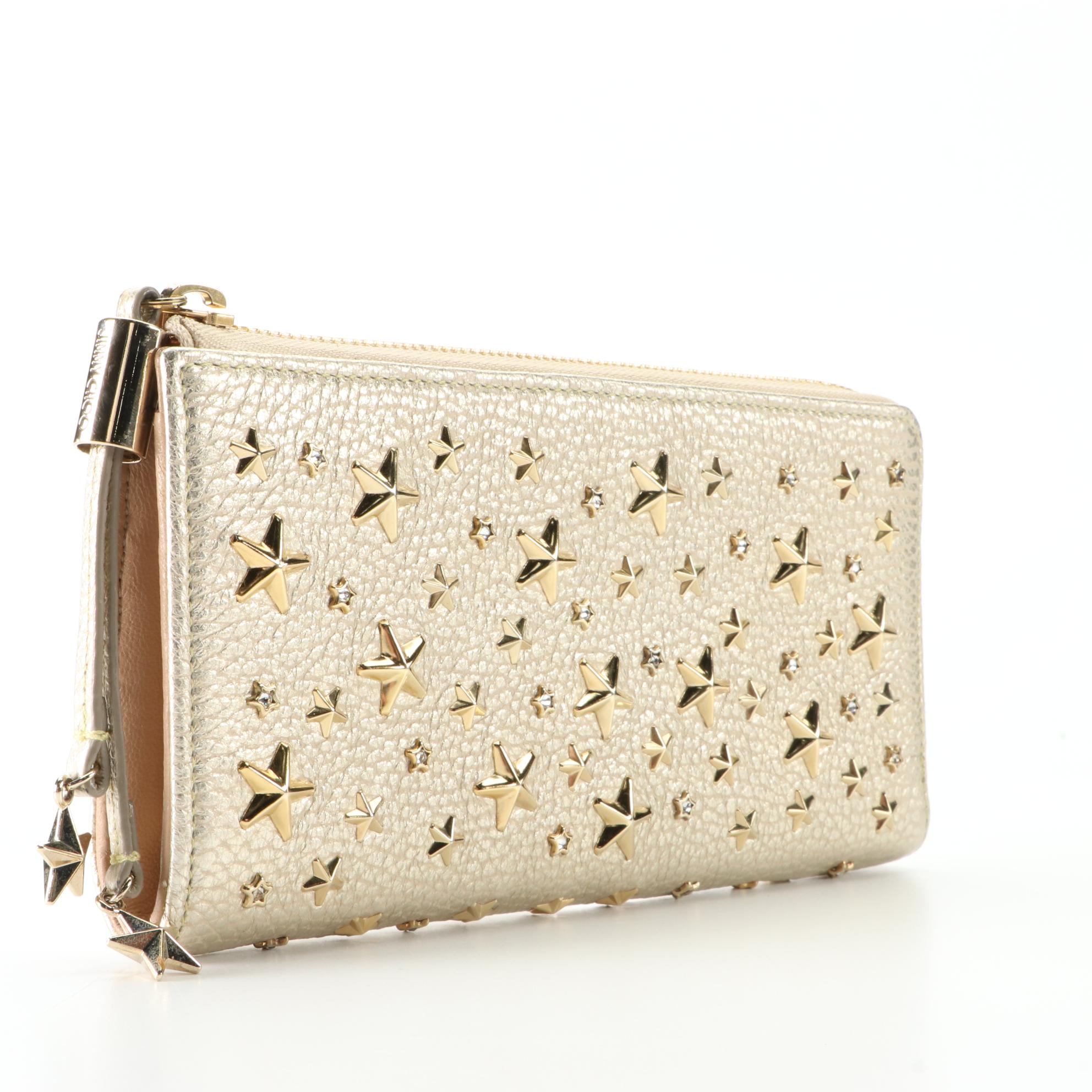 Jimmy Choo Vera Star/Crystal Wallet in Washed Metallic Deerskin with Box