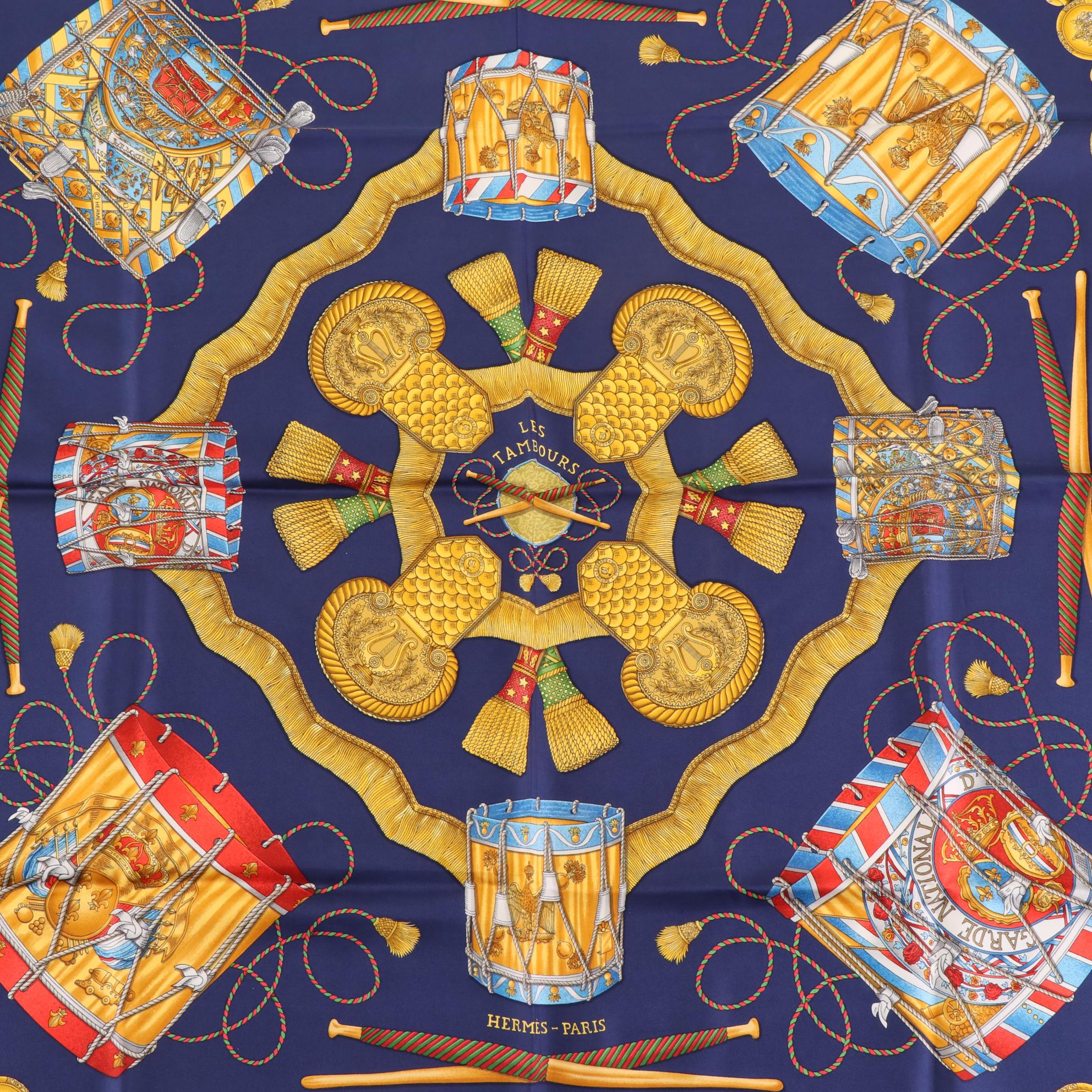 Hermès "Les Tambours" Scarf 90 in Silk Twill