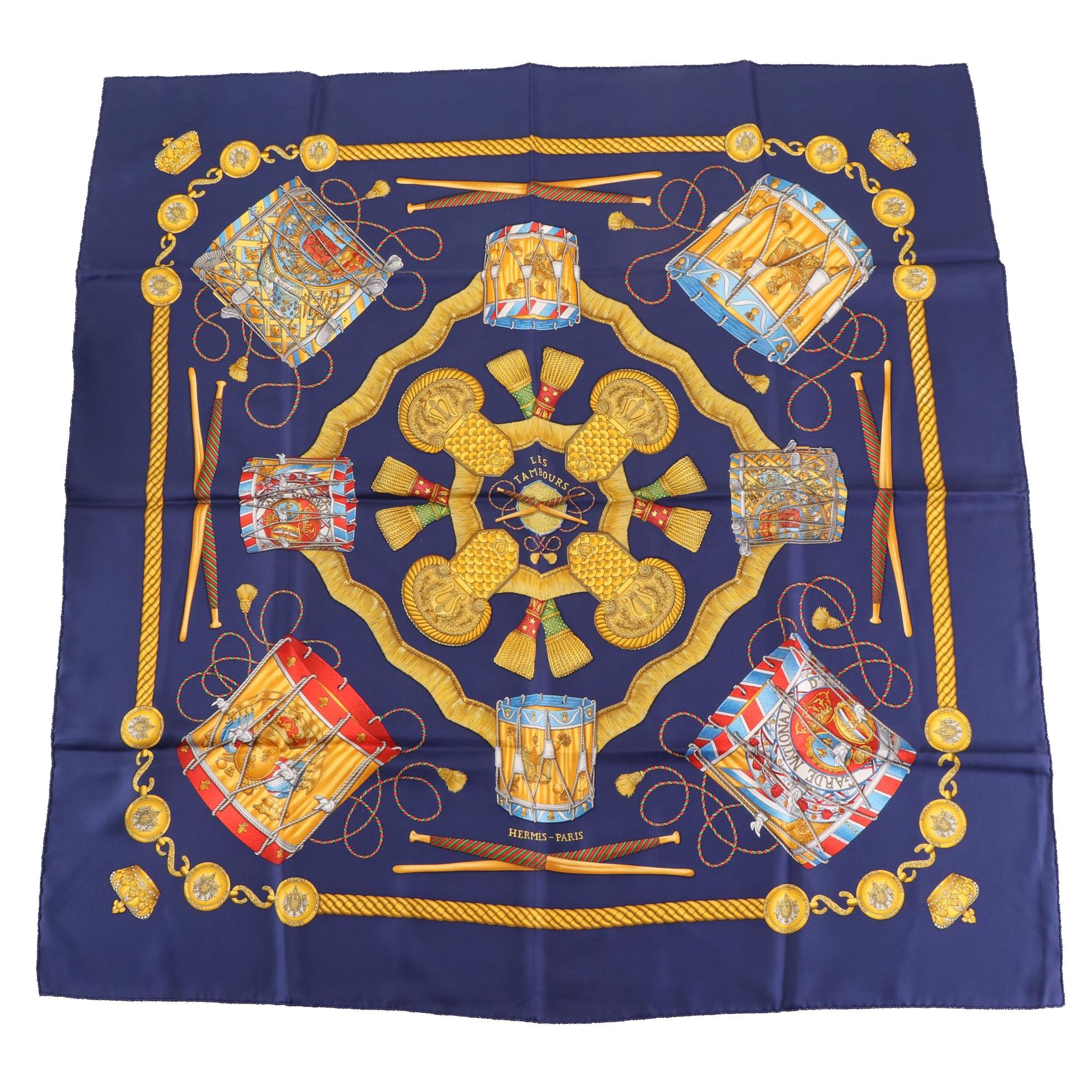 Hermès "Les Tambours" Scarf 90 in Silk Twill