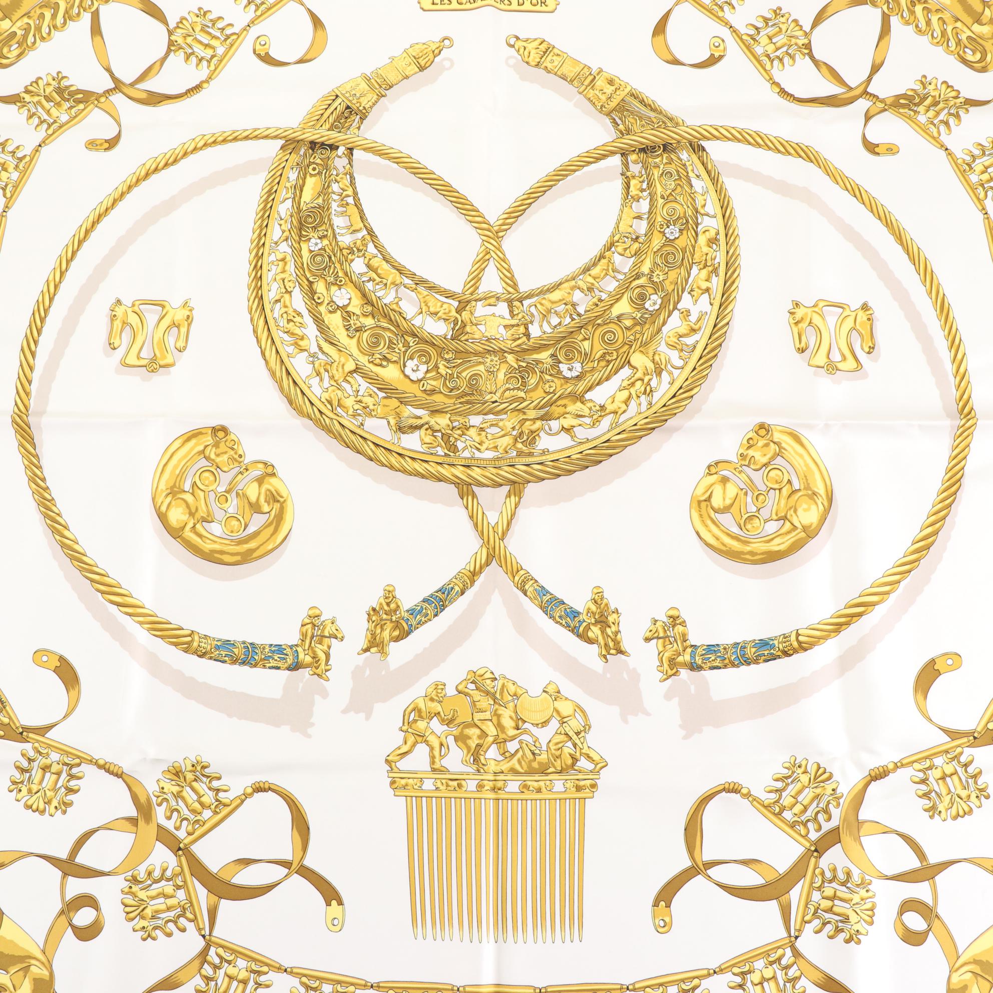 Hermès "Les Cavaliers d'Or" Scarf 90 in Silk Twill with Box