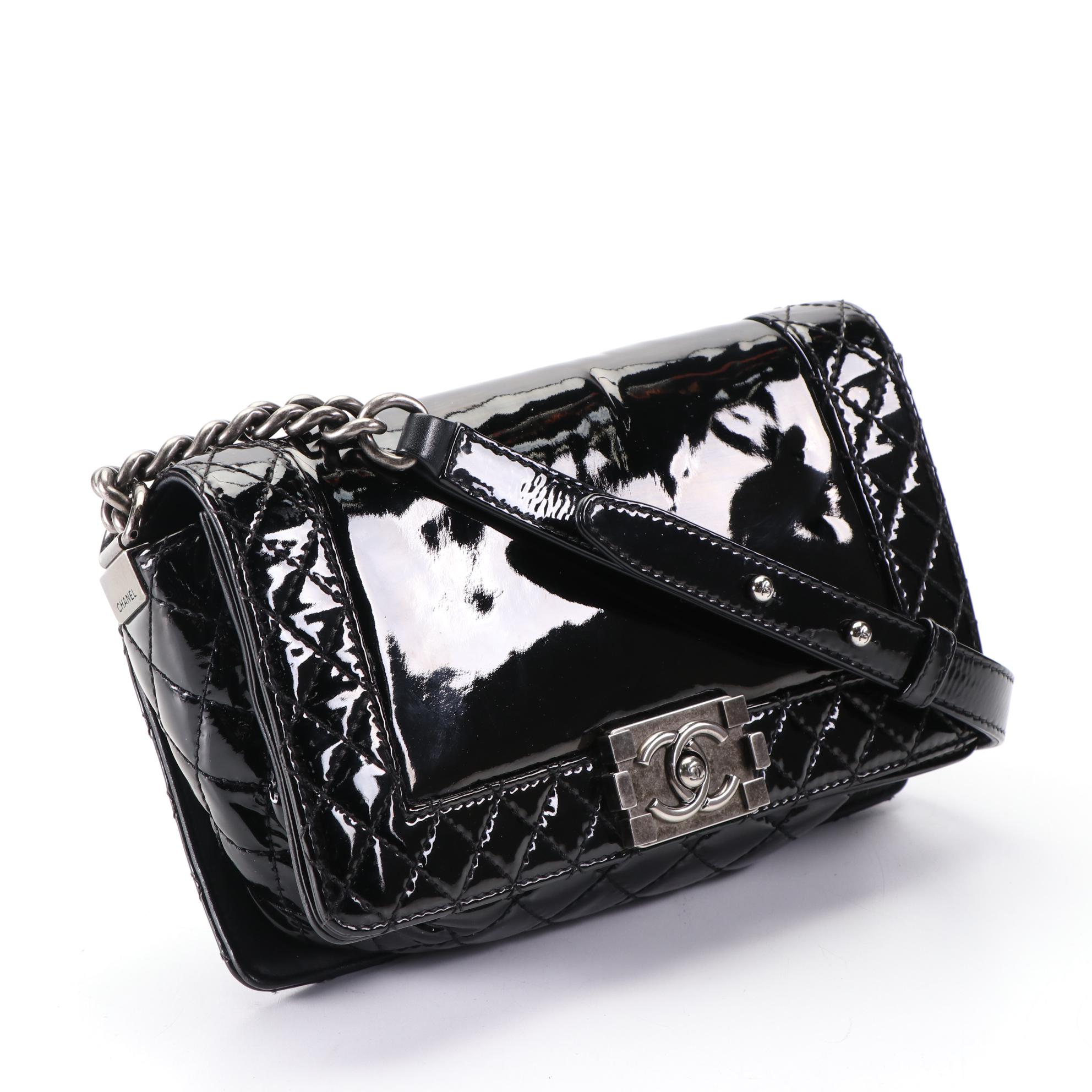 Chanel Boy Bag in Black Smooth and Quilted Patent Leather