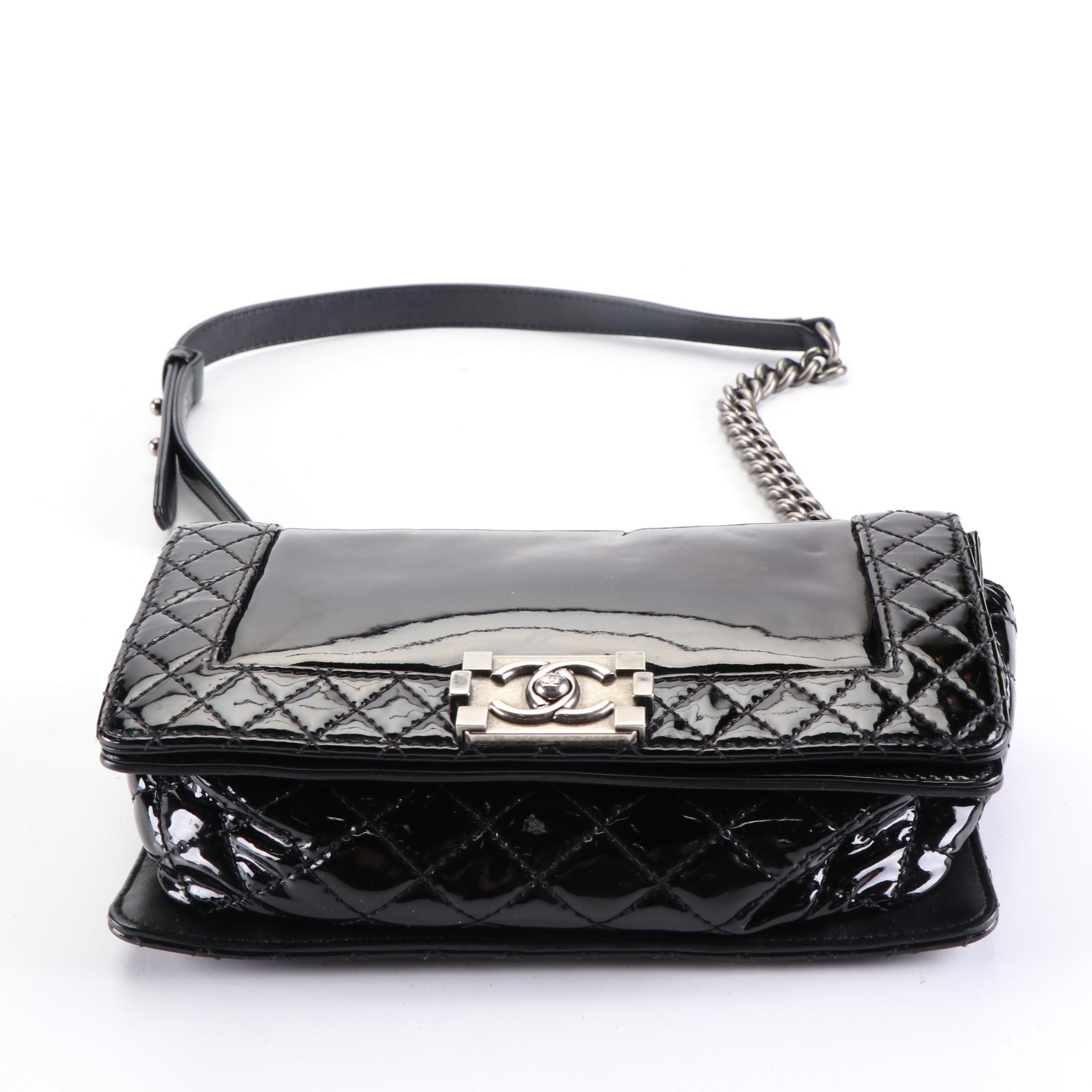 Chanel Boy Bag in Black Smooth and Quilted Patent Leather
