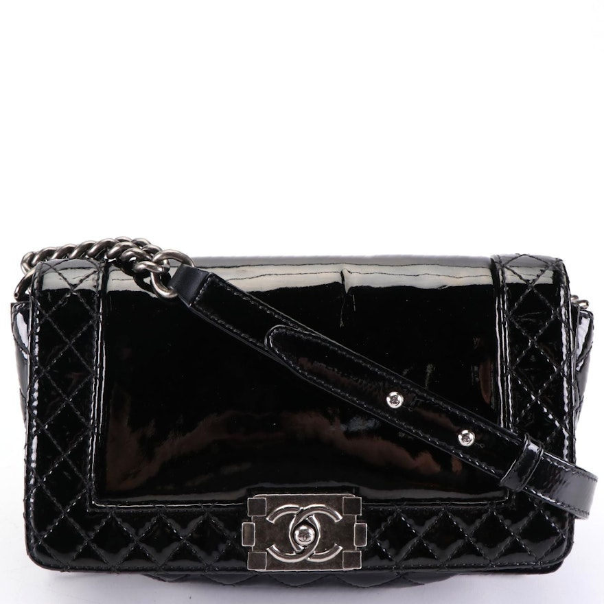 Chanel Boy Bag in Black Smooth and Quilted Patent Leather