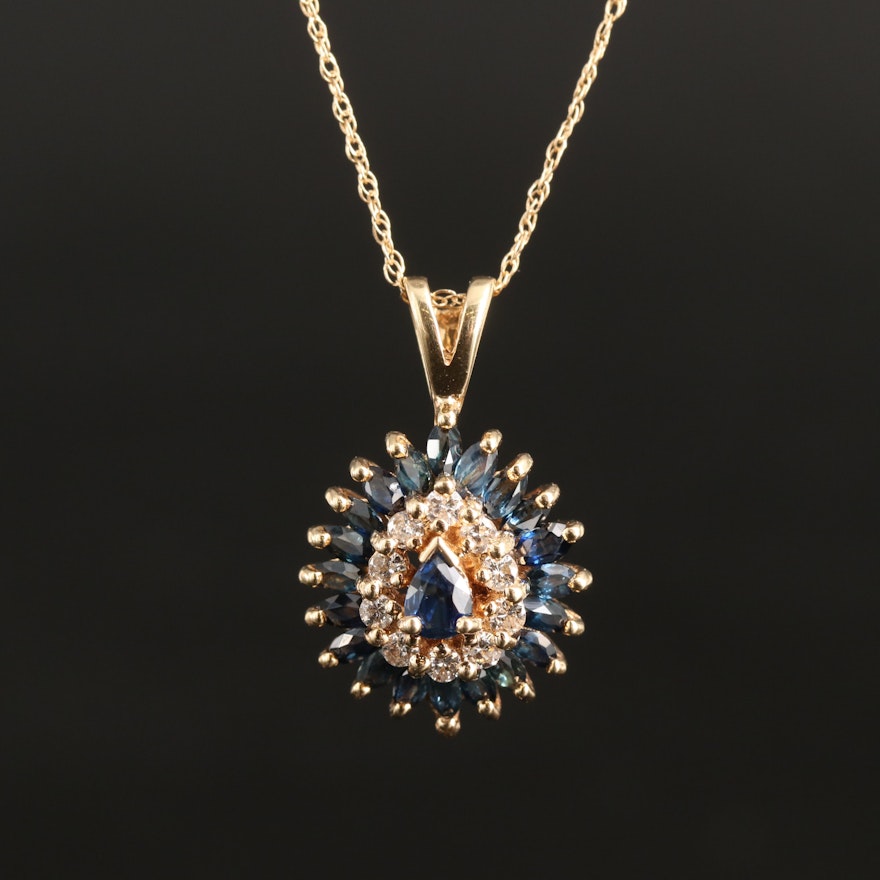 14K Sapphire and Diamond Teardrop Pendant Necklace