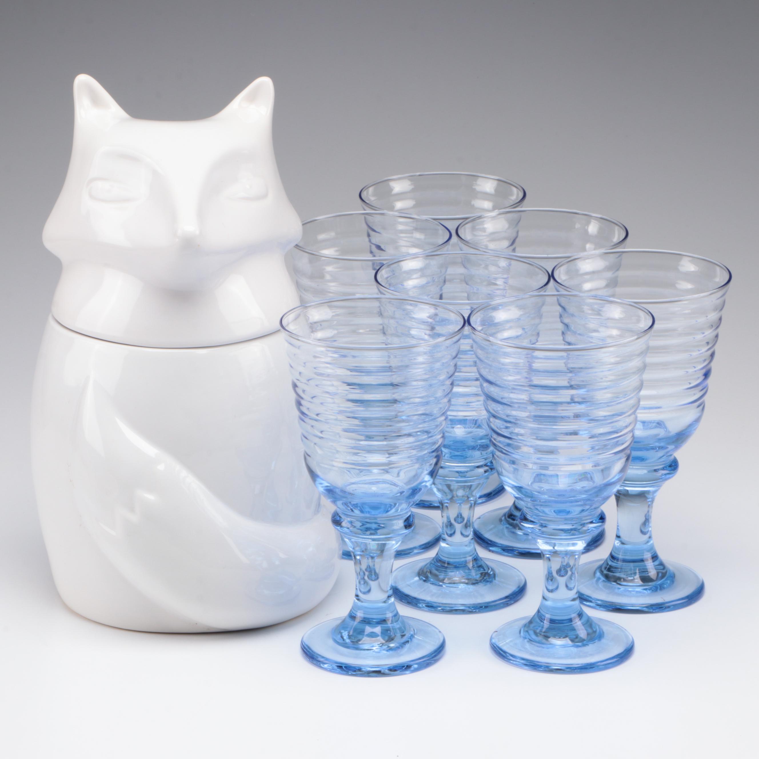 Libbey Blue Glass"Sirrus" Goblets with West Elm Ceramic Fox Shaped Cookie Jar