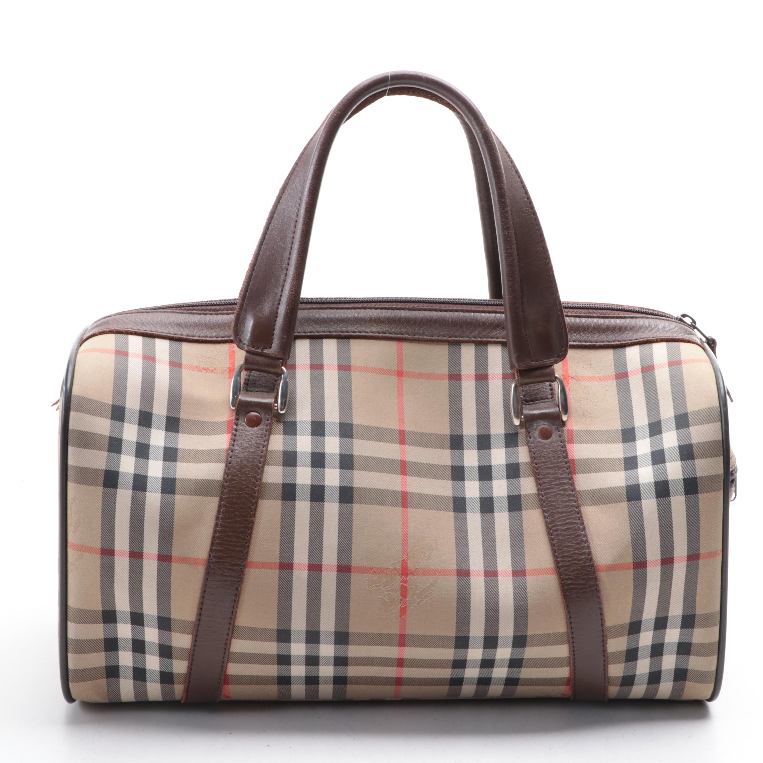 Burberrys Haymarket Check Boston Bag with Leather Trim