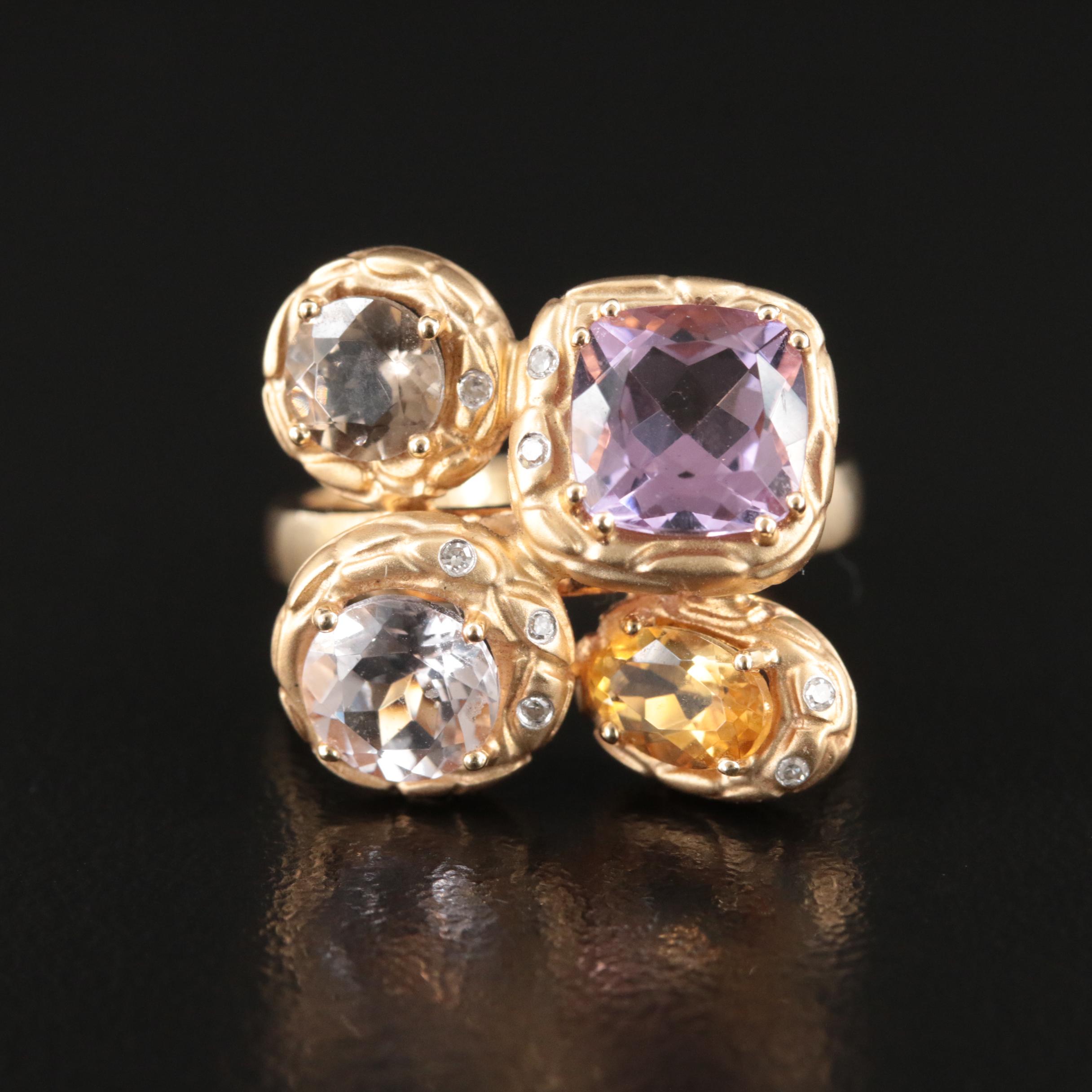 14K Sky Blue Topaz, Citrine and Diamond Ring