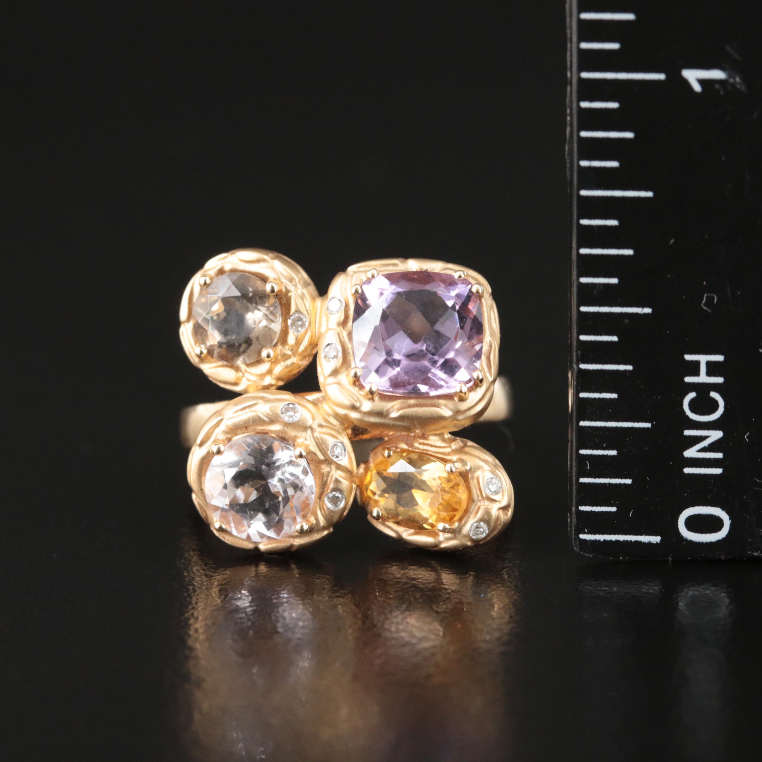 14K Sky Blue Topaz, Citrine and Diamond Ring