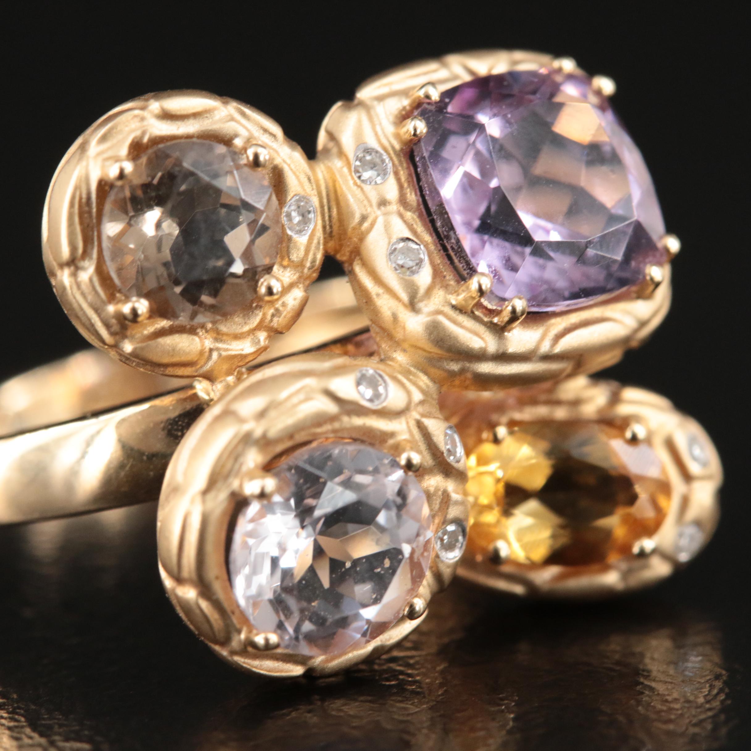 14K Sky Blue Topaz, Citrine and Diamond Ring