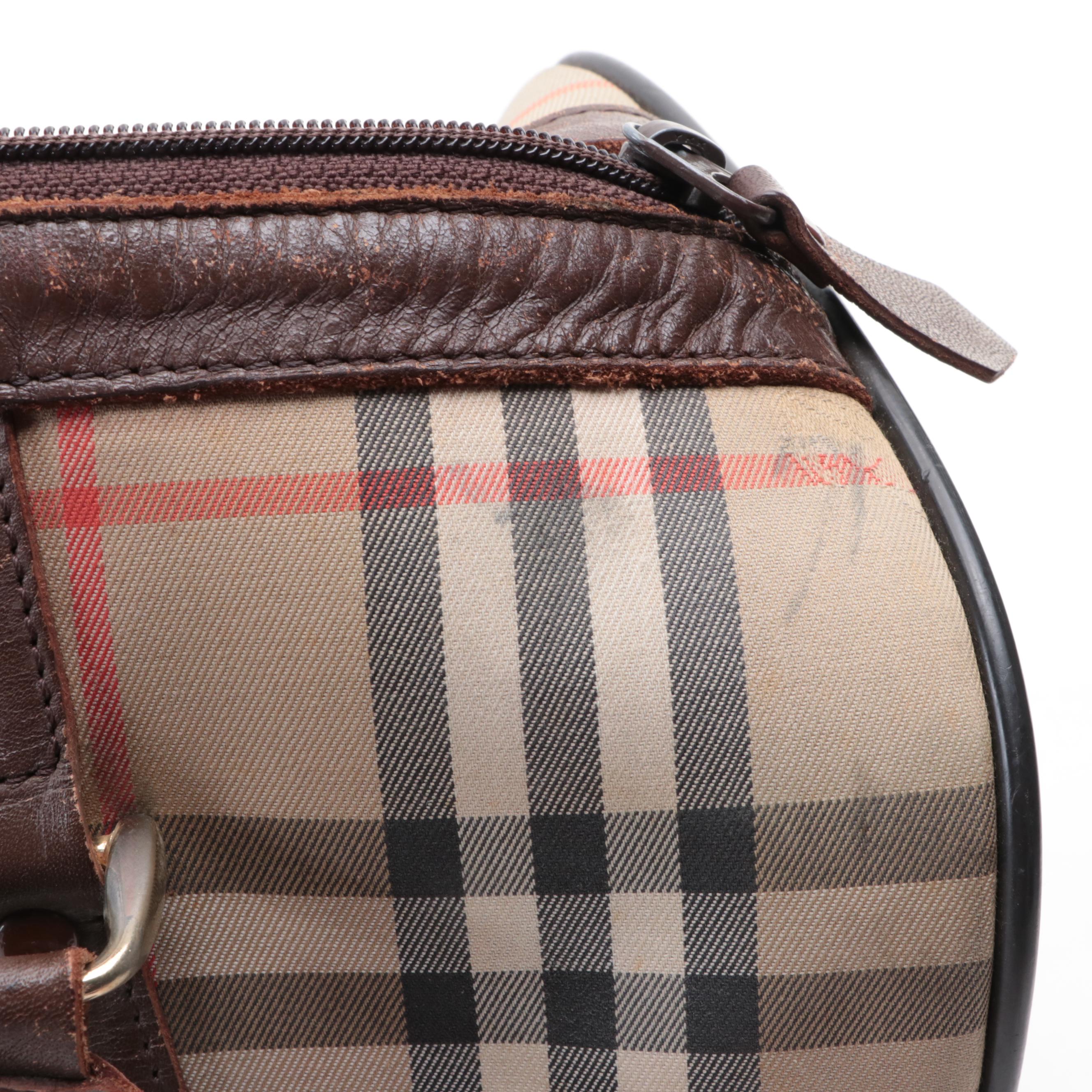 Burberrys Haymarket Check Boston Bag with Leather Trim