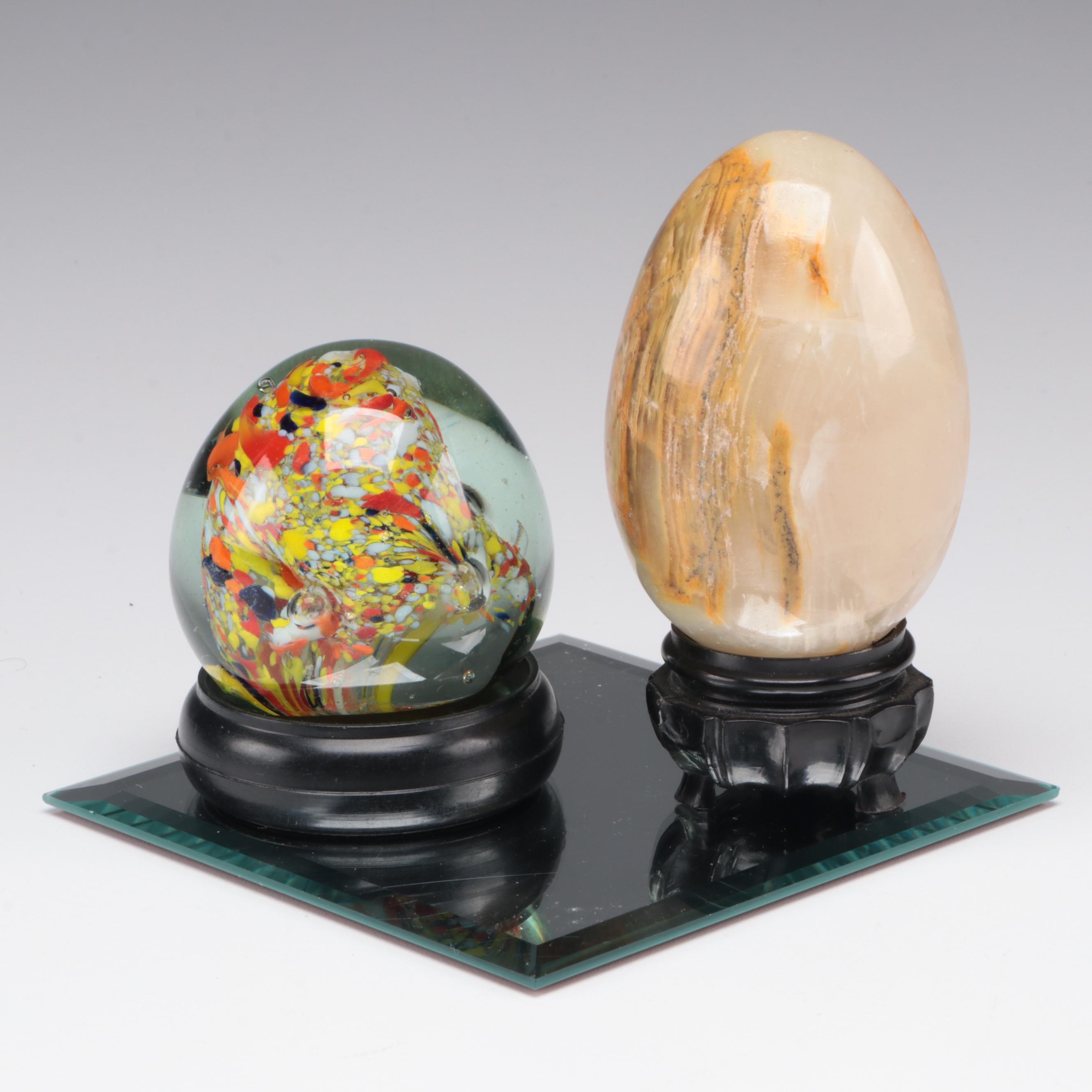 Polished Alabaster Egg and Art Glass Paperweight