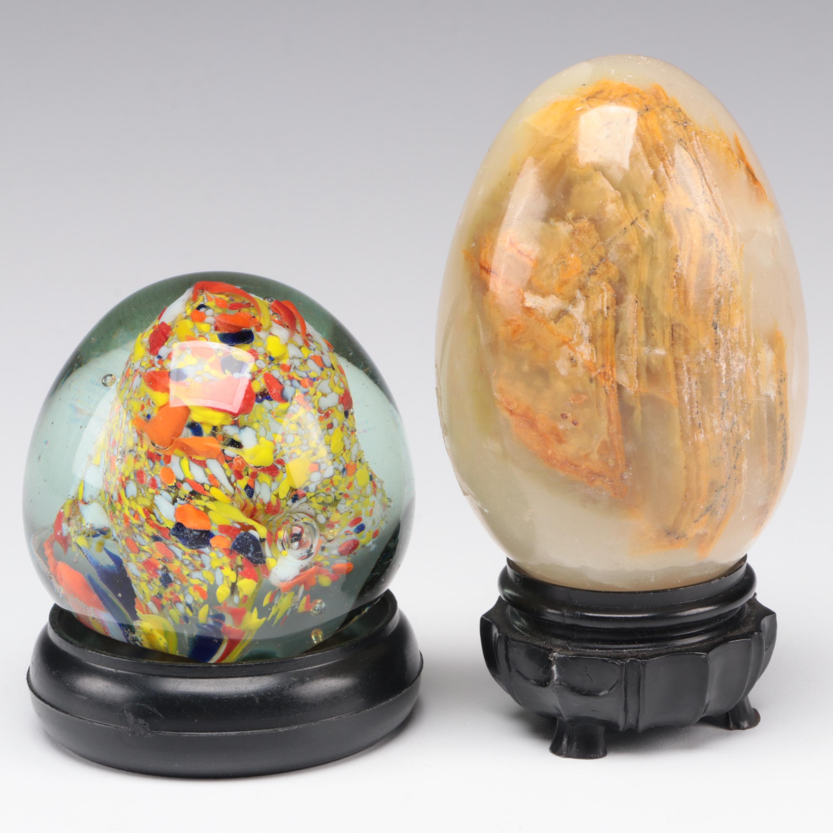 Polished Alabaster Egg and Art Glass Paperweight