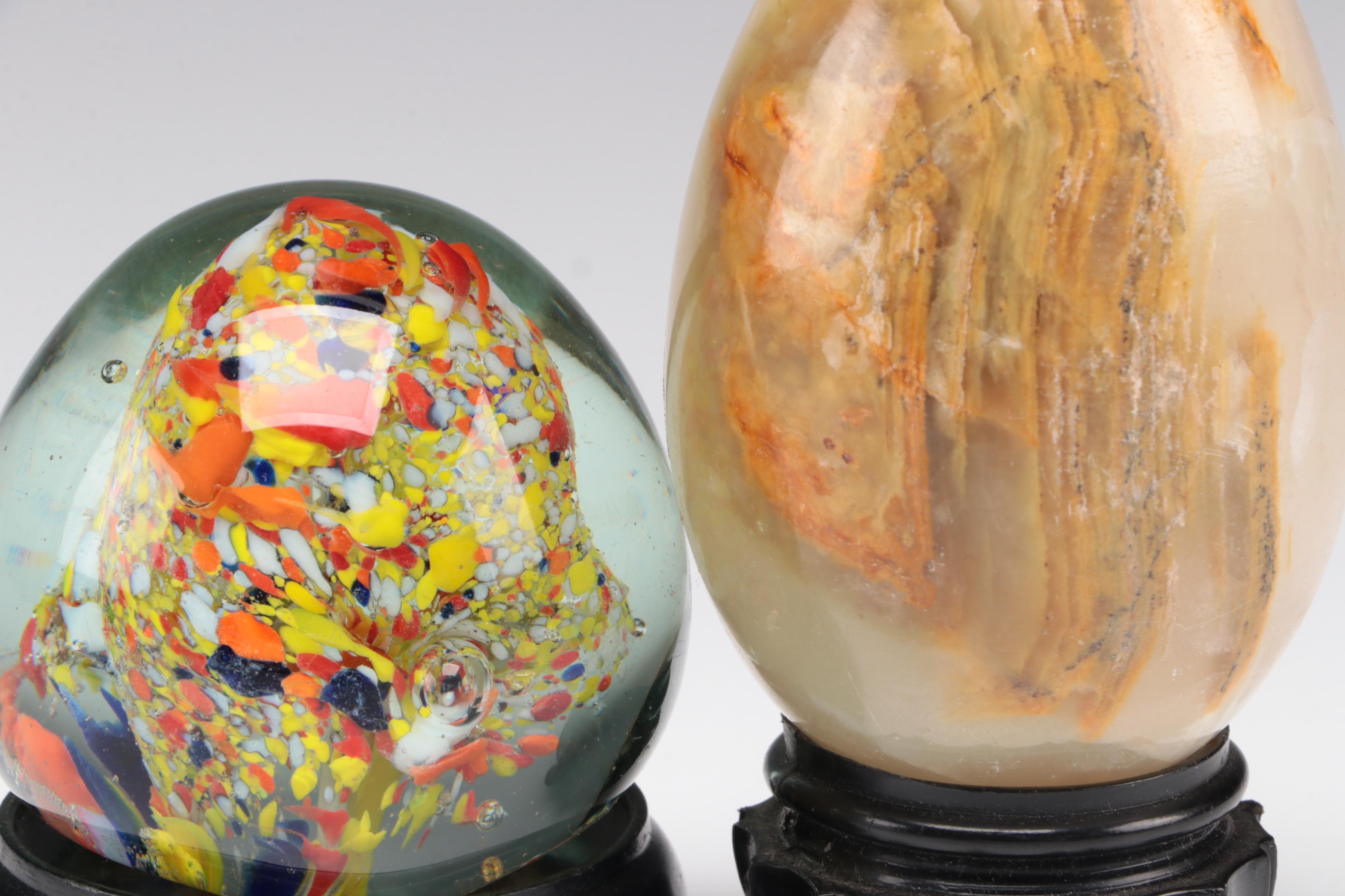 Polished Alabaster Egg and Art Glass Paperweight