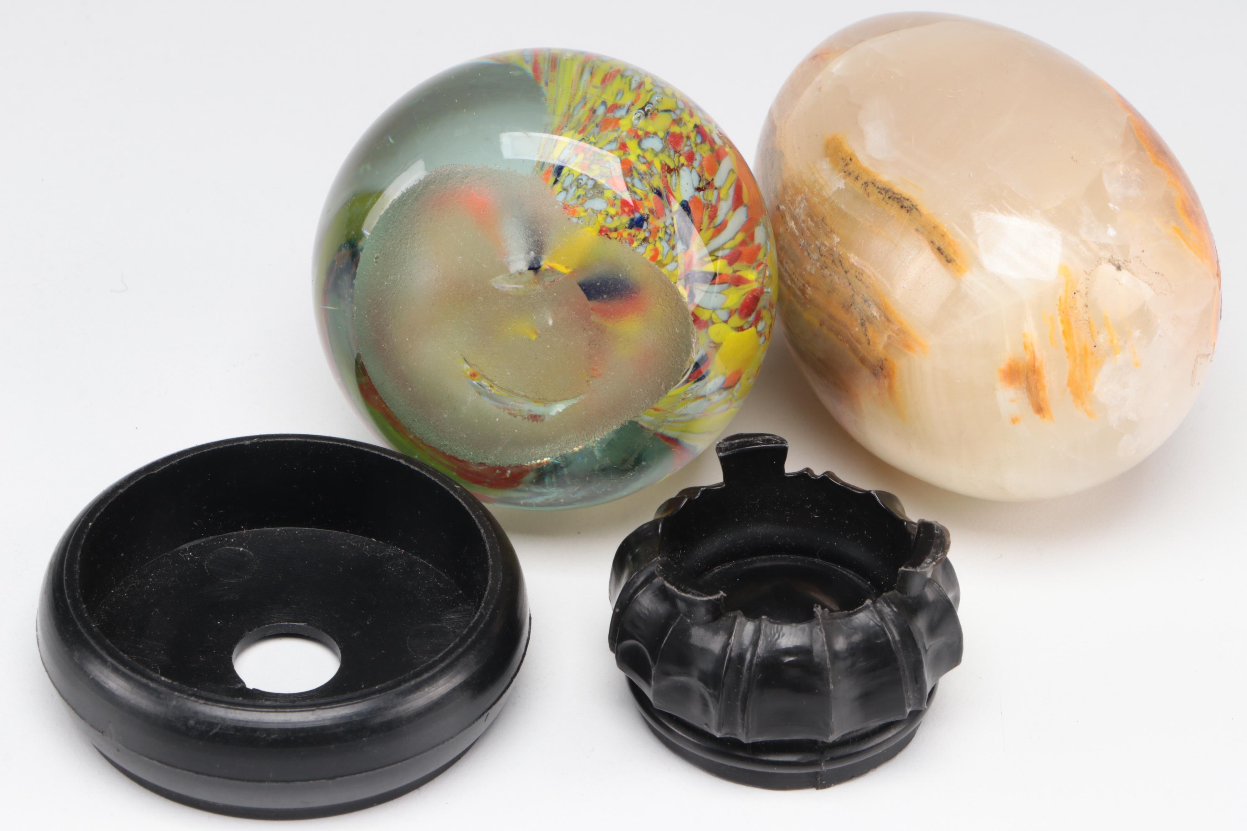 Polished Alabaster Egg and Art Glass Paperweight