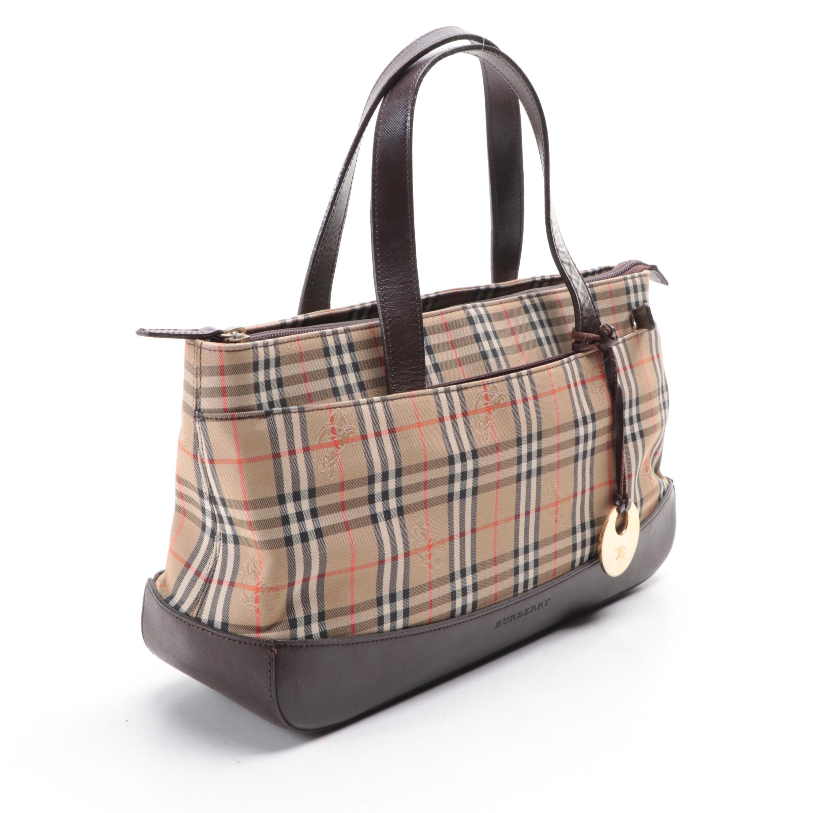 Burberry Tote in Haymarket Check and Cross Grain Textured Leather