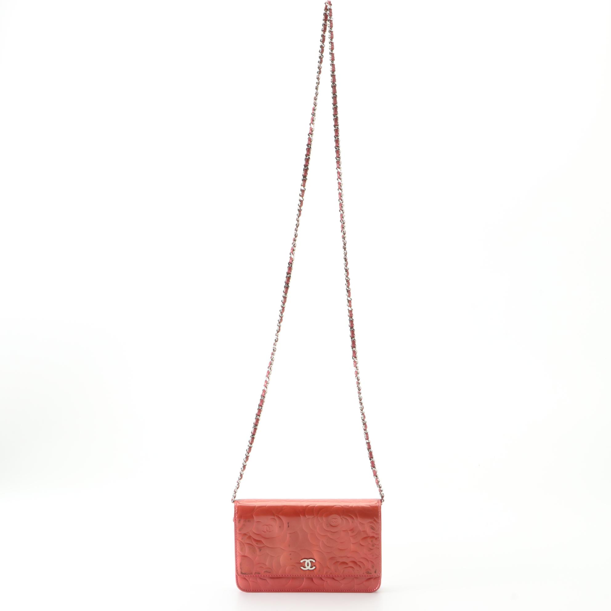 Chanel Camellia Wallet on Chain in Embossed Patent Leather with Box