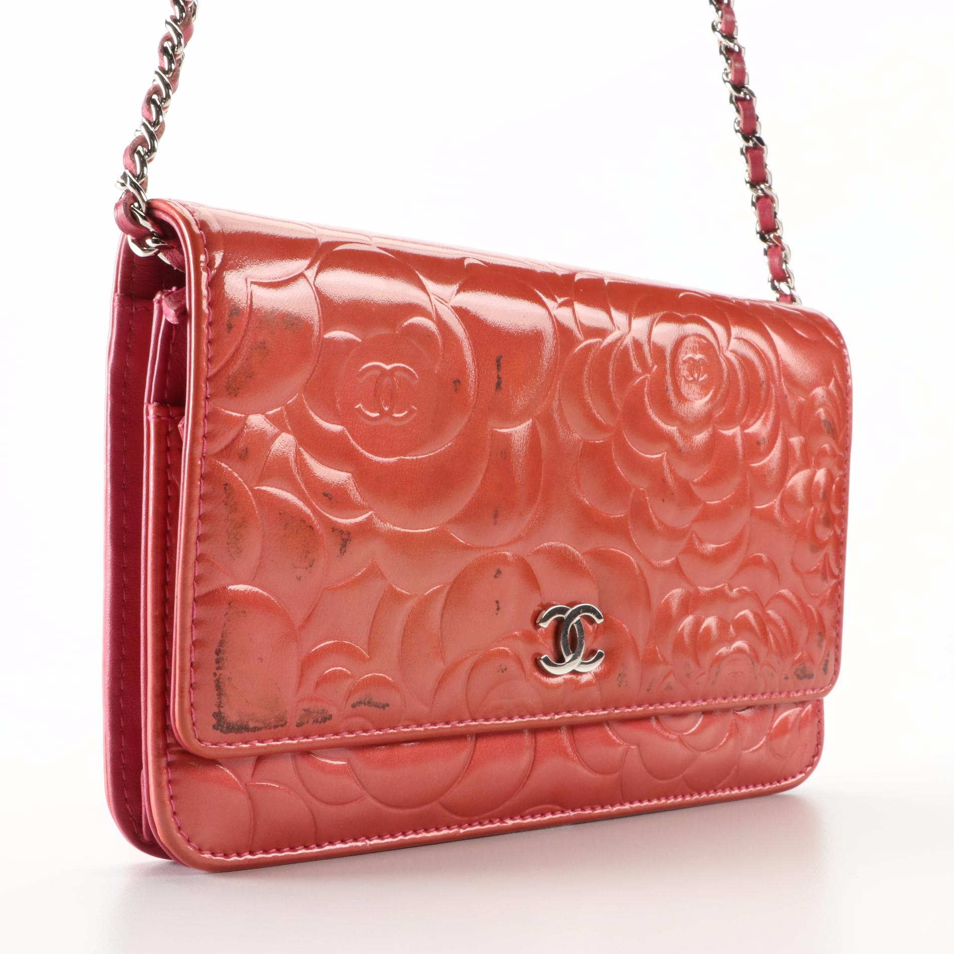 Chanel Camellia Wallet on Chain in Embossed Patent Leather with Box