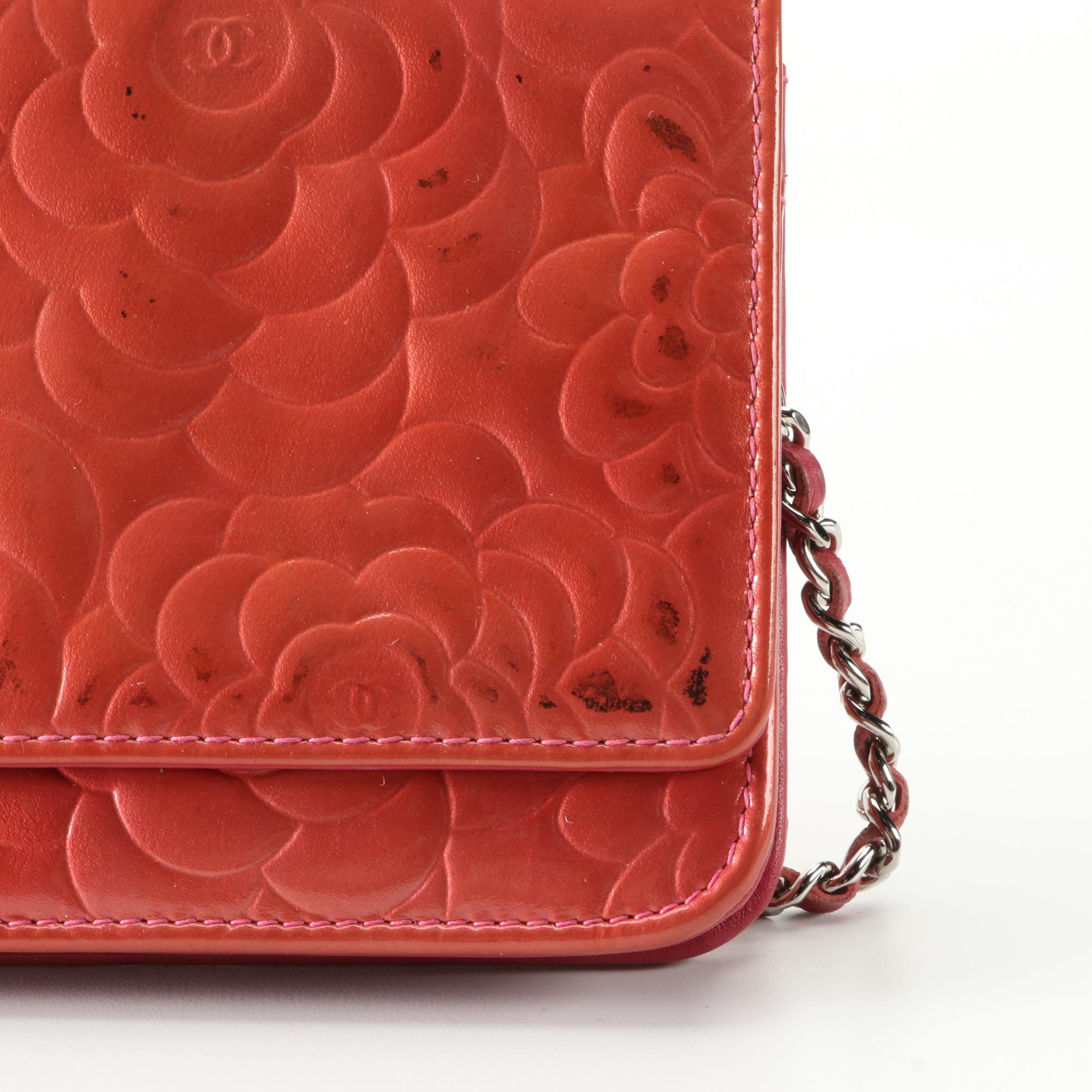 Chanel Camellia Wallet on Chain in Embossed Patent Leather with Box