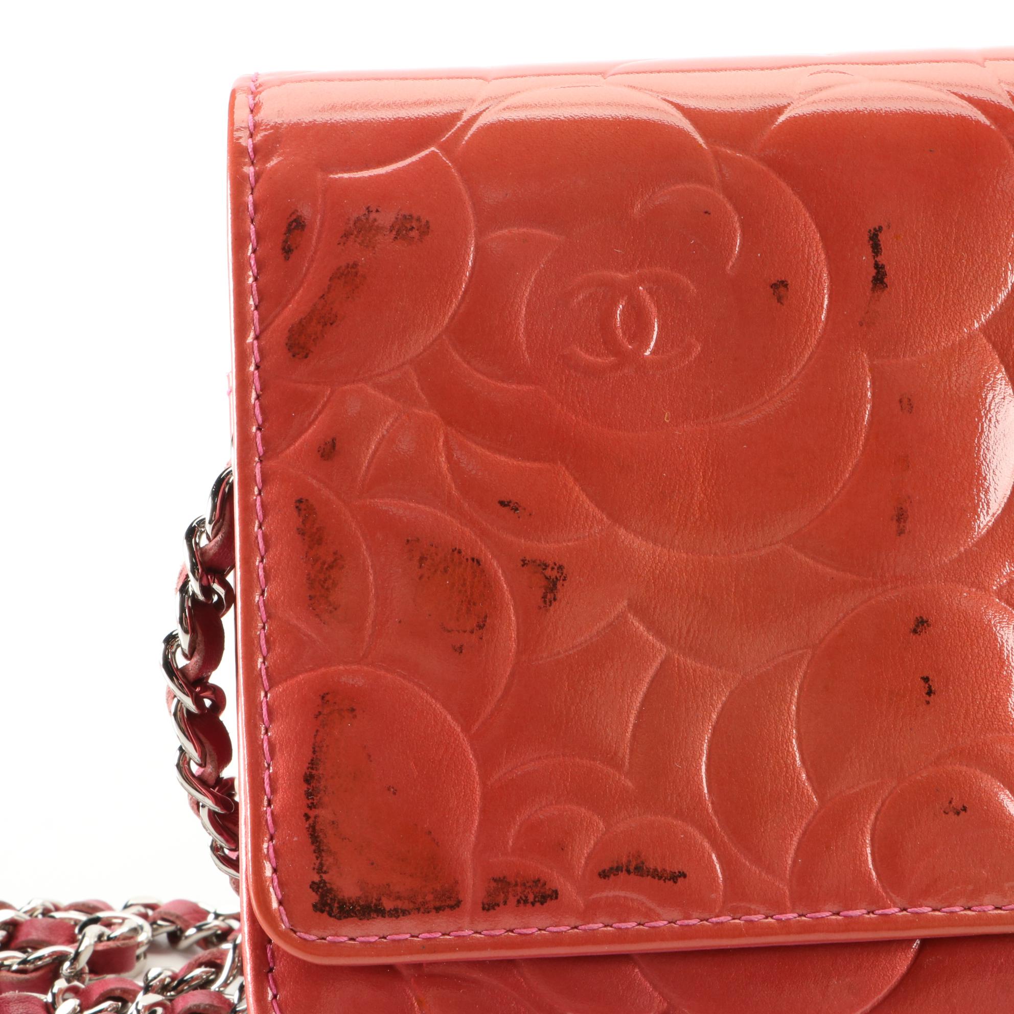 Chanel Camellia Wallet on Chain in Embossed Patent Leather with Box
