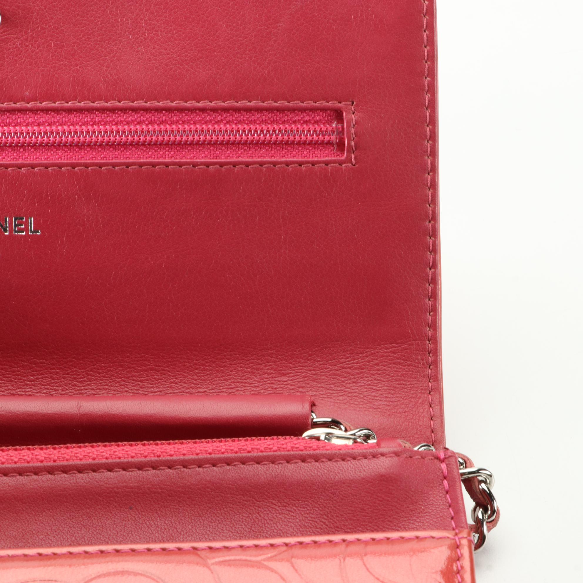 Chanel Camellia Wallet on Chain in Embossed Patent Leather with Box