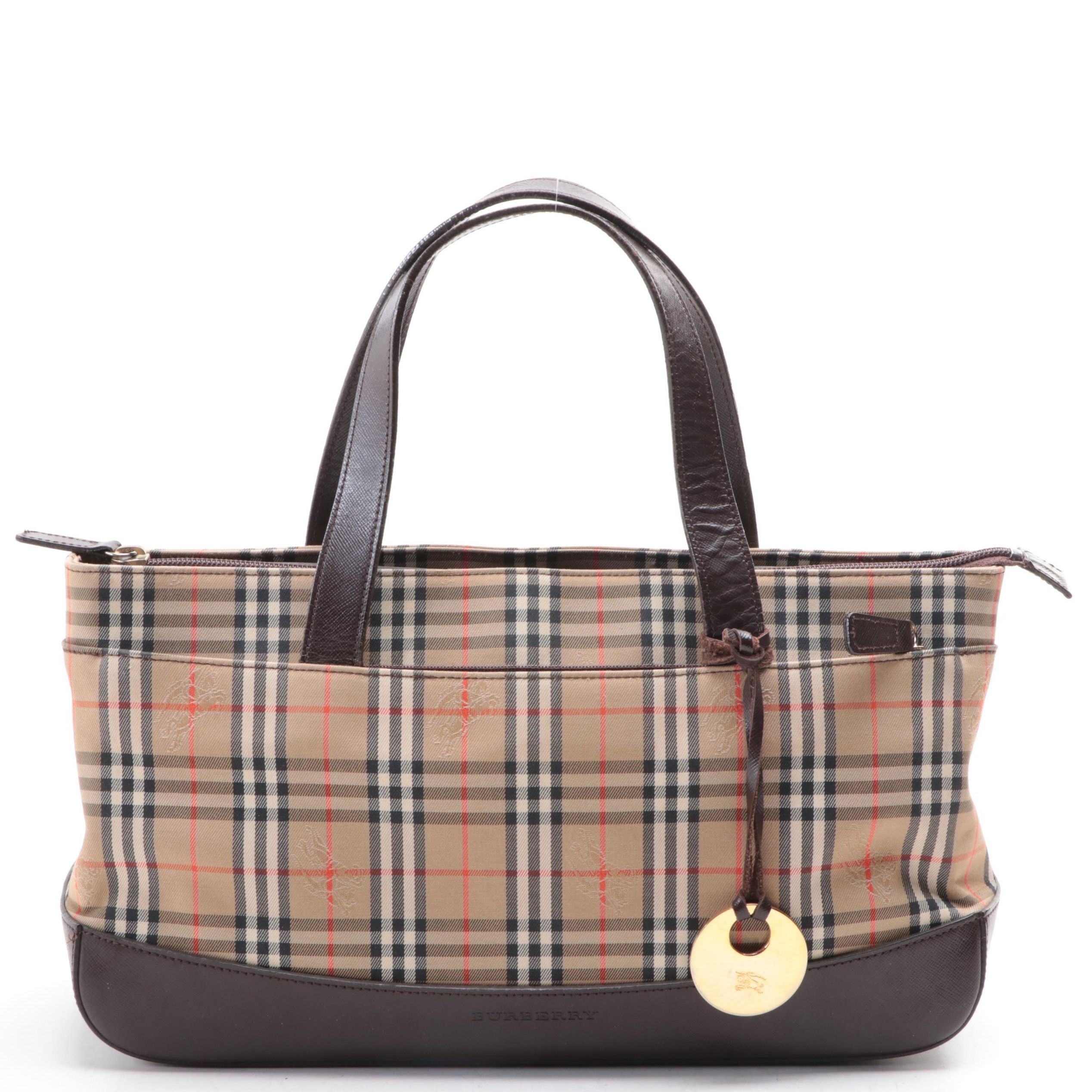 Burberry Tote in Haymarket Check and Cross Grain Textured Leather