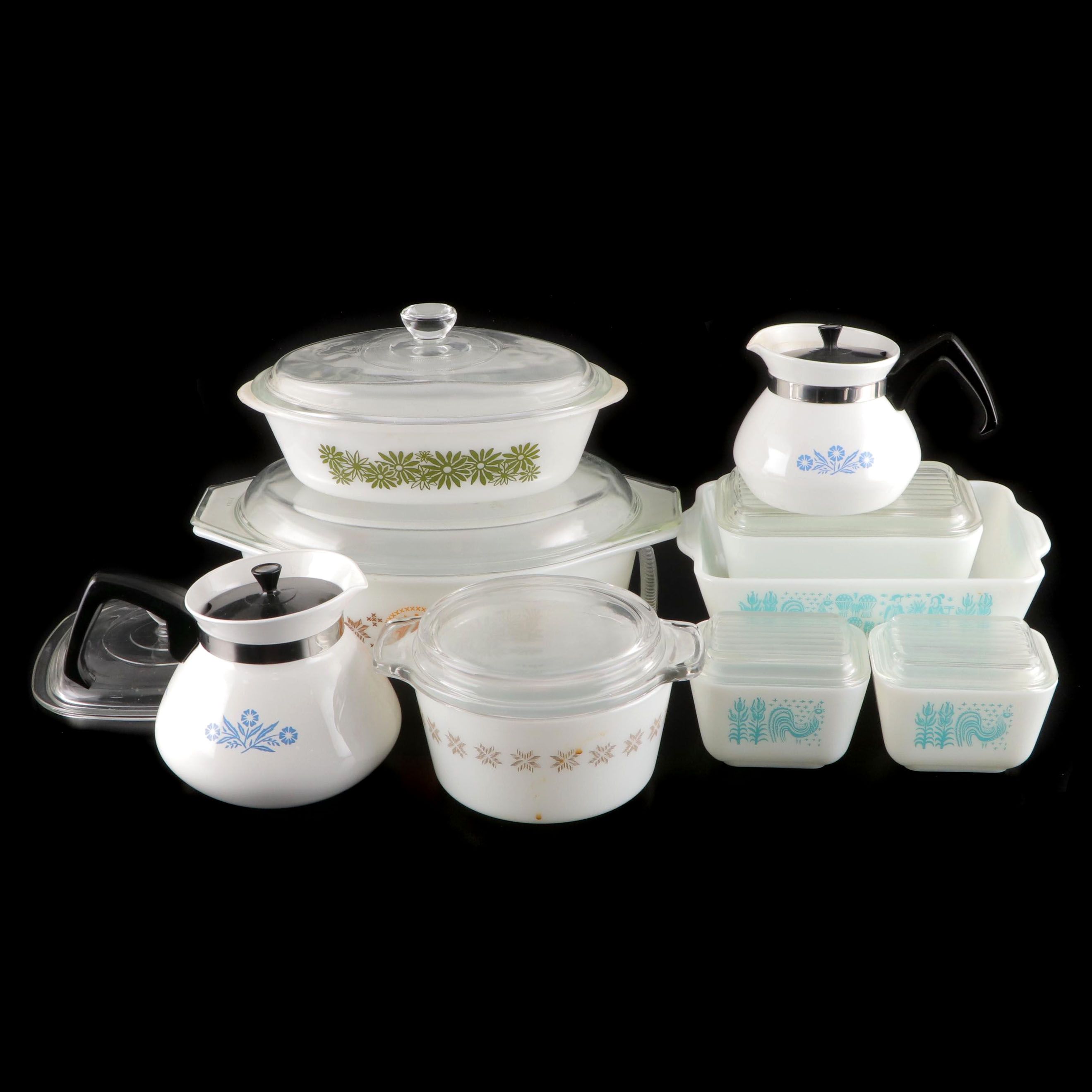 Pyrex "Butterprint" Refrigerator Dishes with Other Bakeware and Carafes
