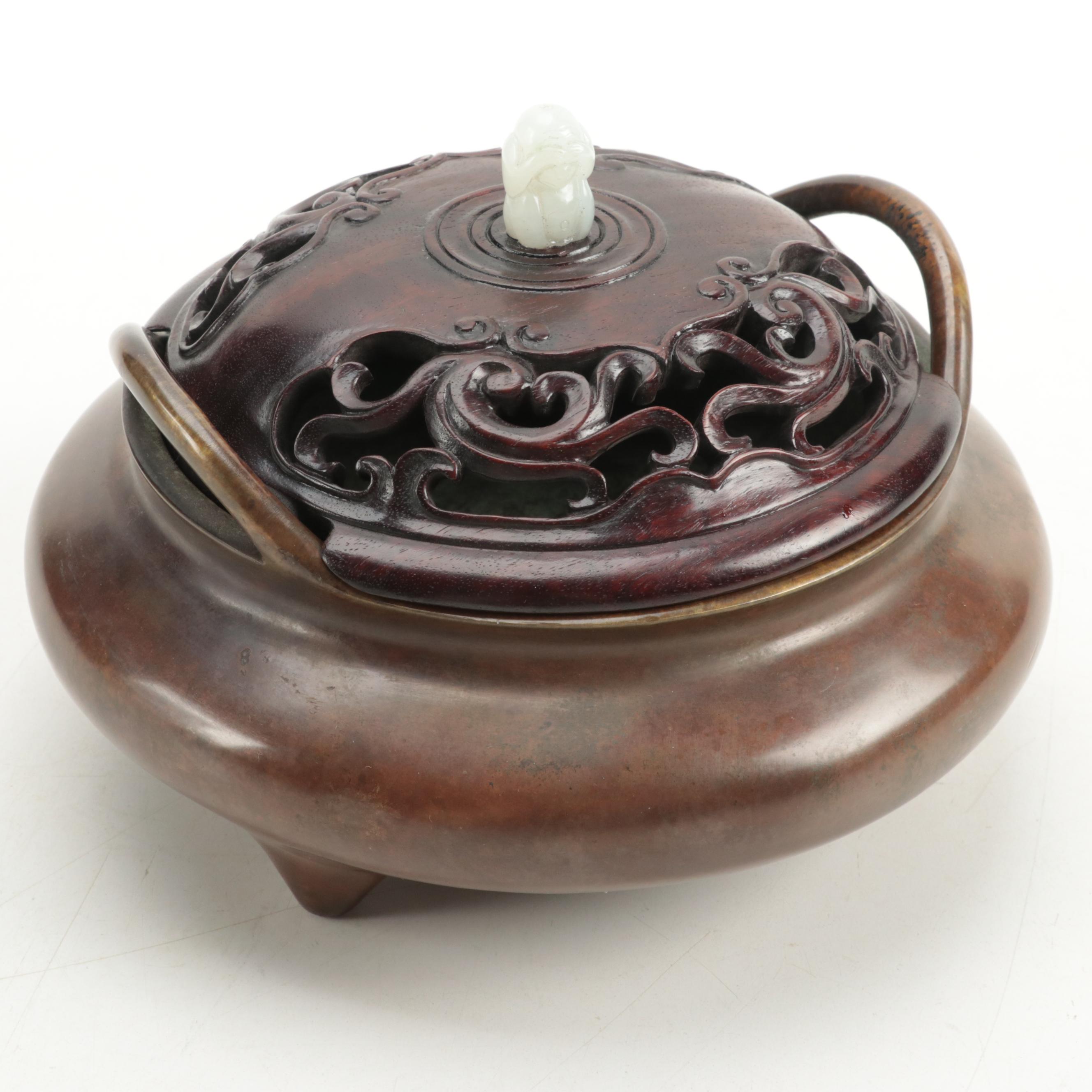 Chinese Bronze Tripod Censer with Carved Rosewood Lid and Stone Finial