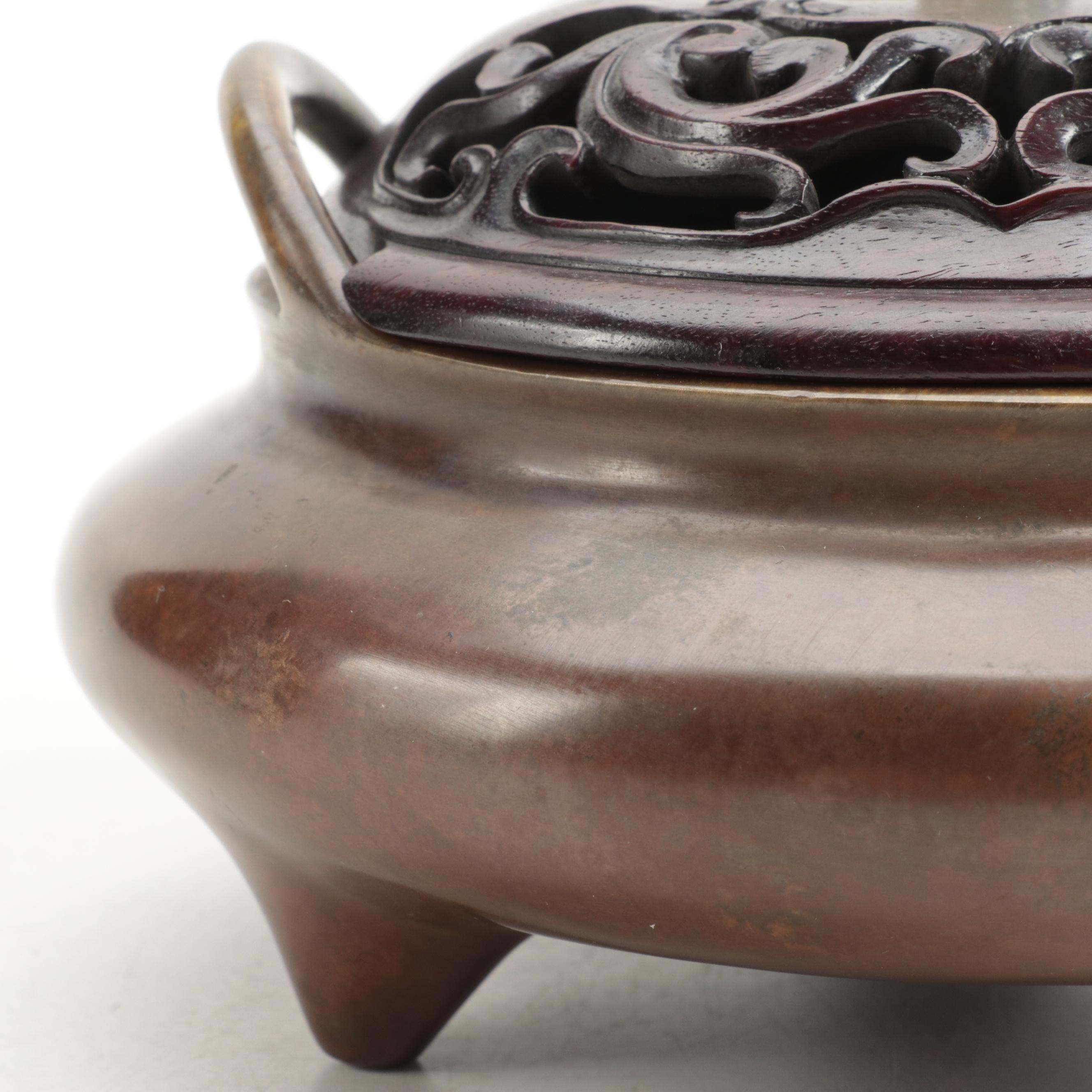 Chinese Bronze Tripod Censer with Carved Rosewood Lid and Stone Finial