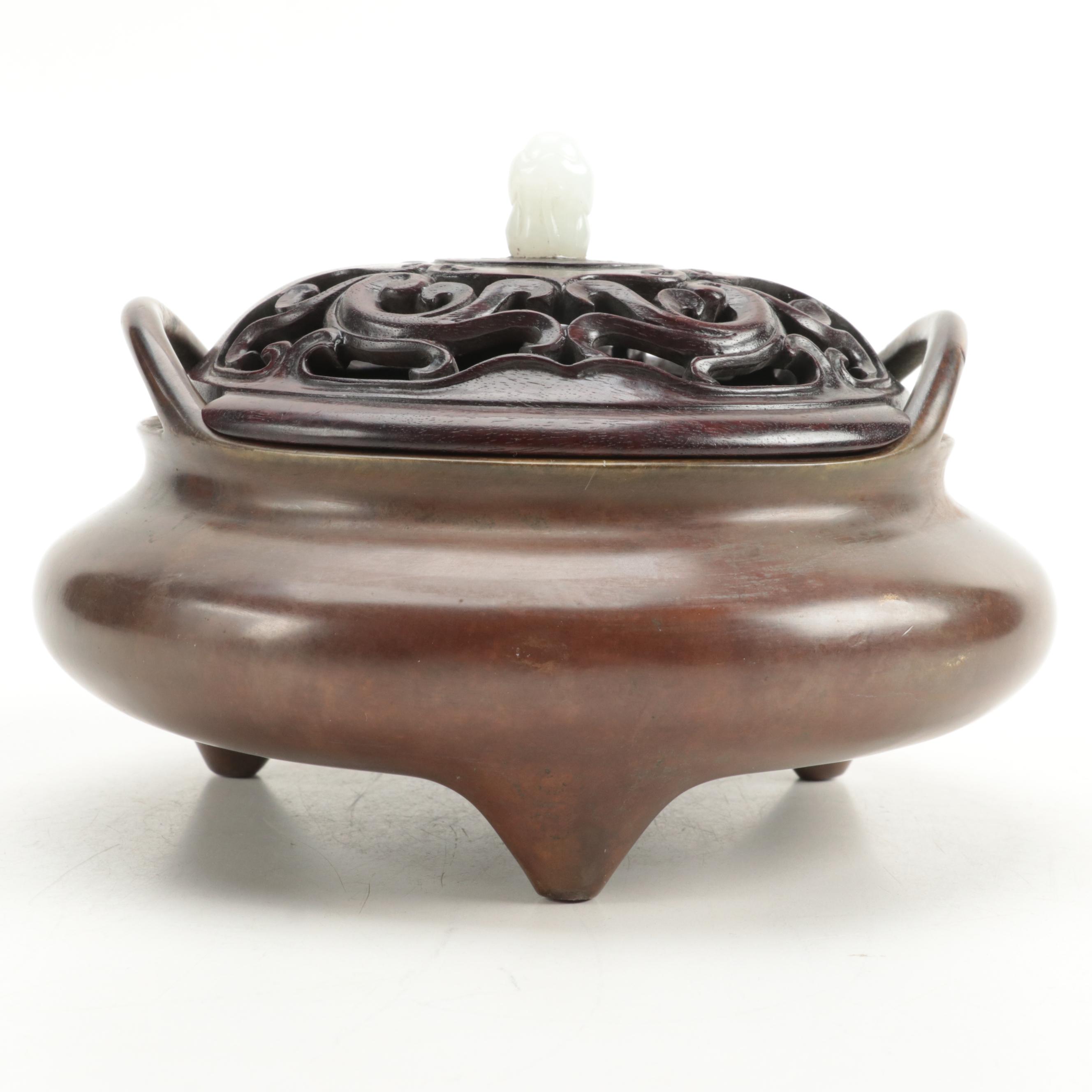 Chinese Bronze Tripod Censer with Carved Rosewood Lid and Stone Finial
