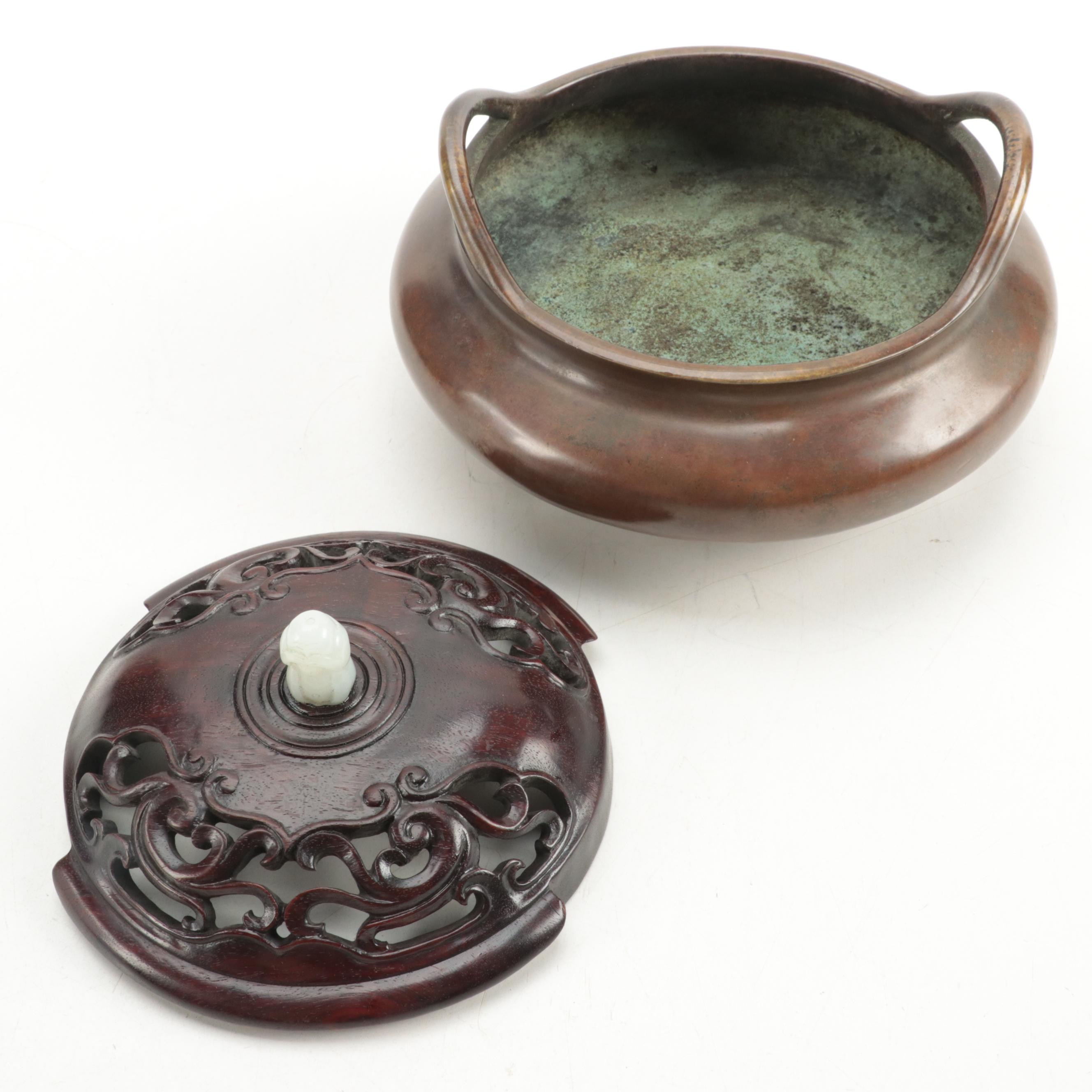 Chinese Bronze Tripod Censer with Carved Rosewood Lid and Stone Finial