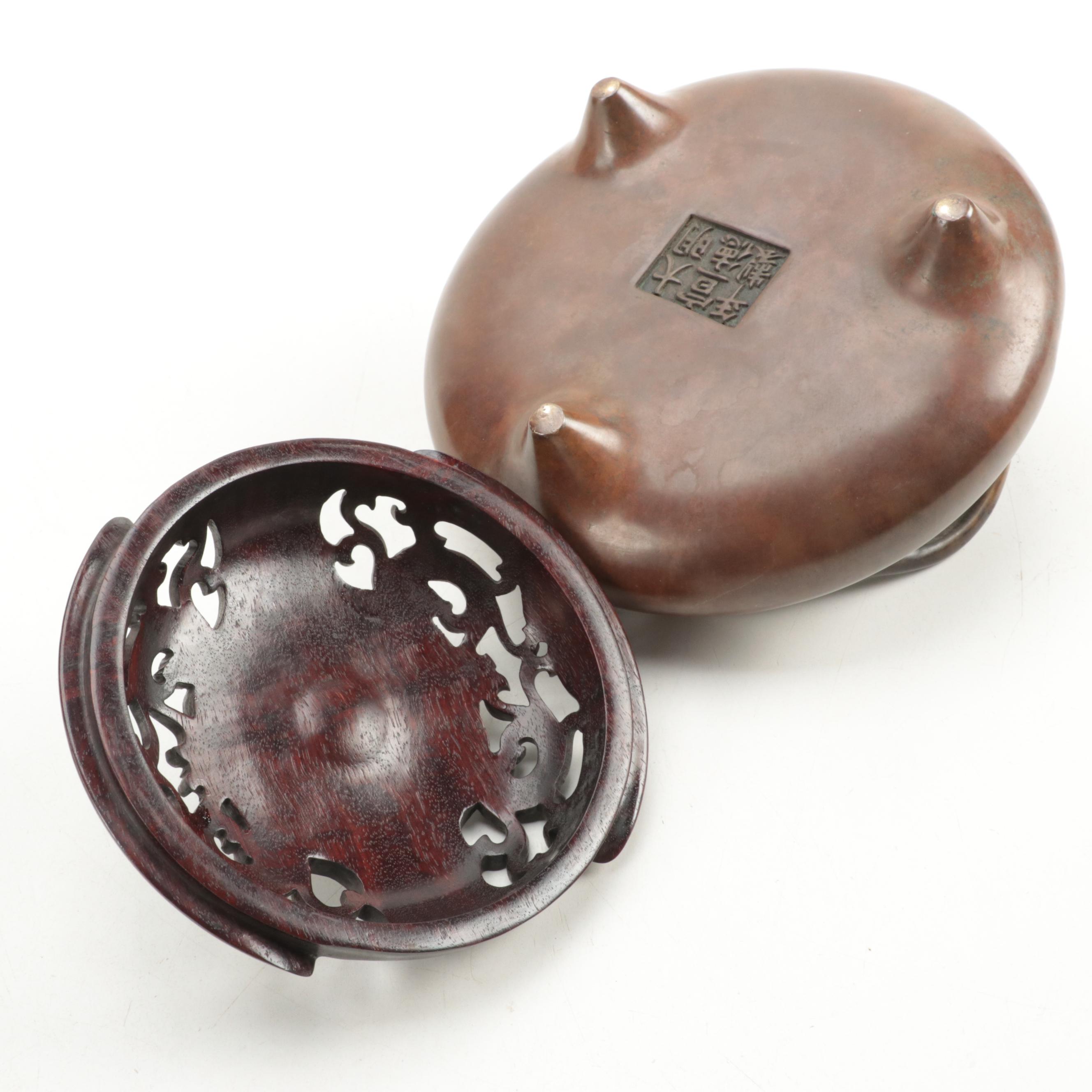 Chinese Bronze Tripod Censer with Carved Rosewood Lid and Stone Finial