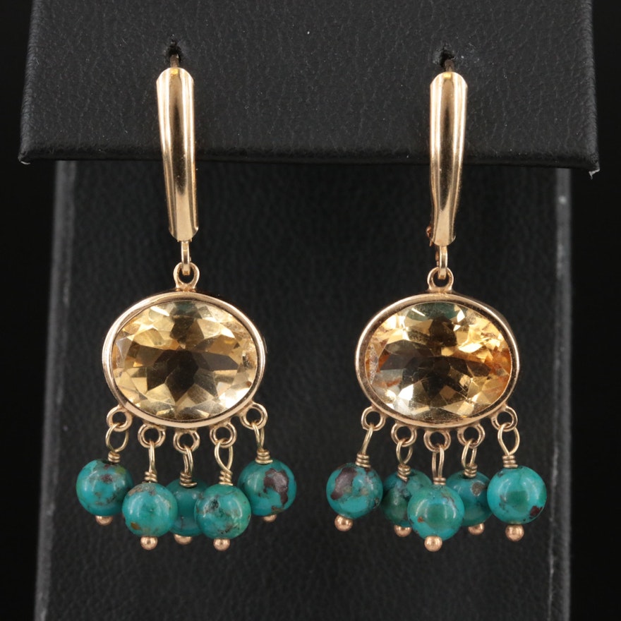 14K Citrine and Turquoise Fringe Drop Earrings
