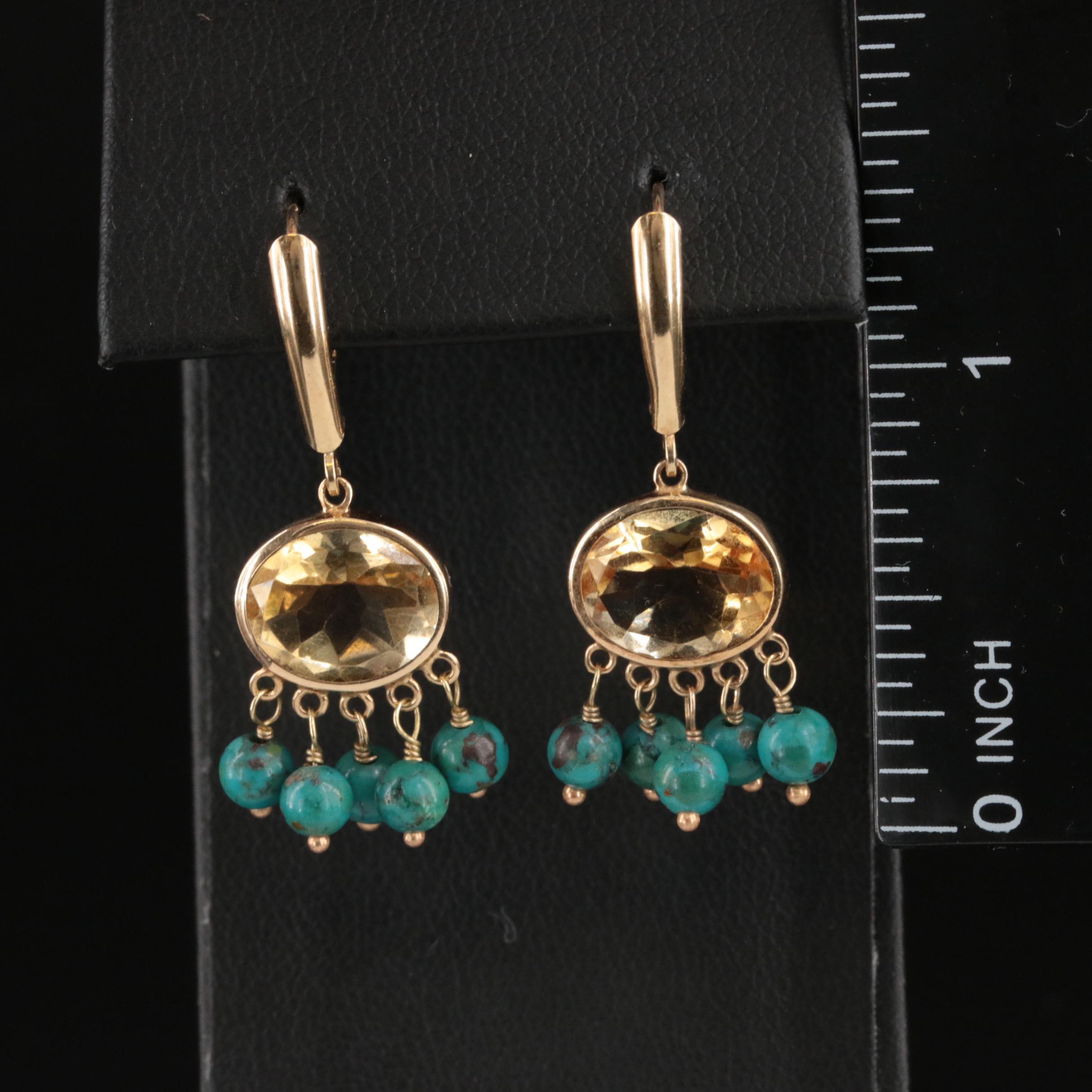 14K Citrine and Turquoise Fringe Drop Earrings