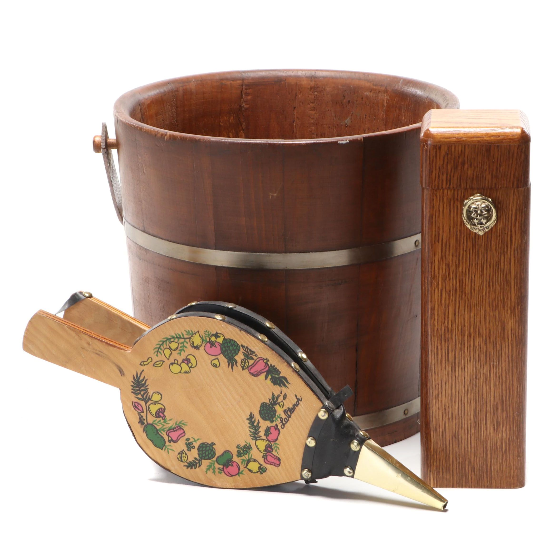 Basketville Brass and Wood Kindling Bucket with Bellows and Match Holder