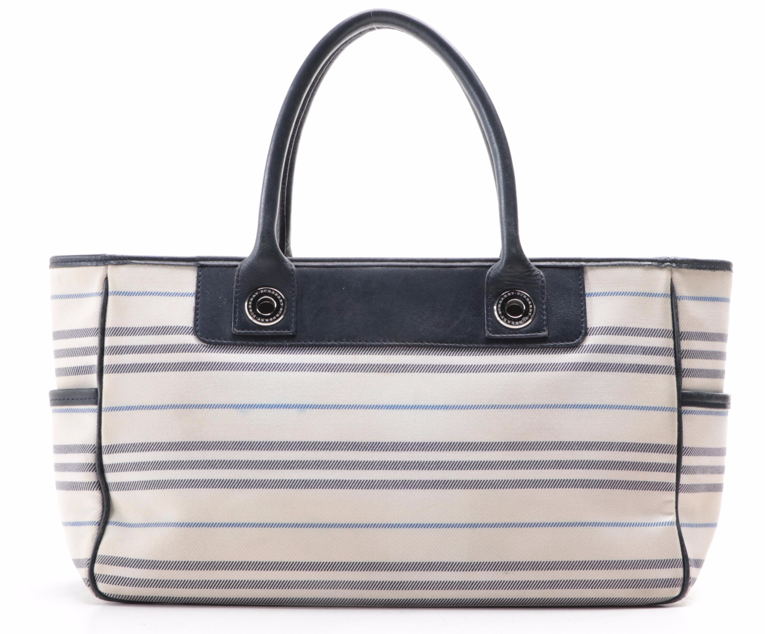 Burberry Striped Canvas and Leather Tote Bag