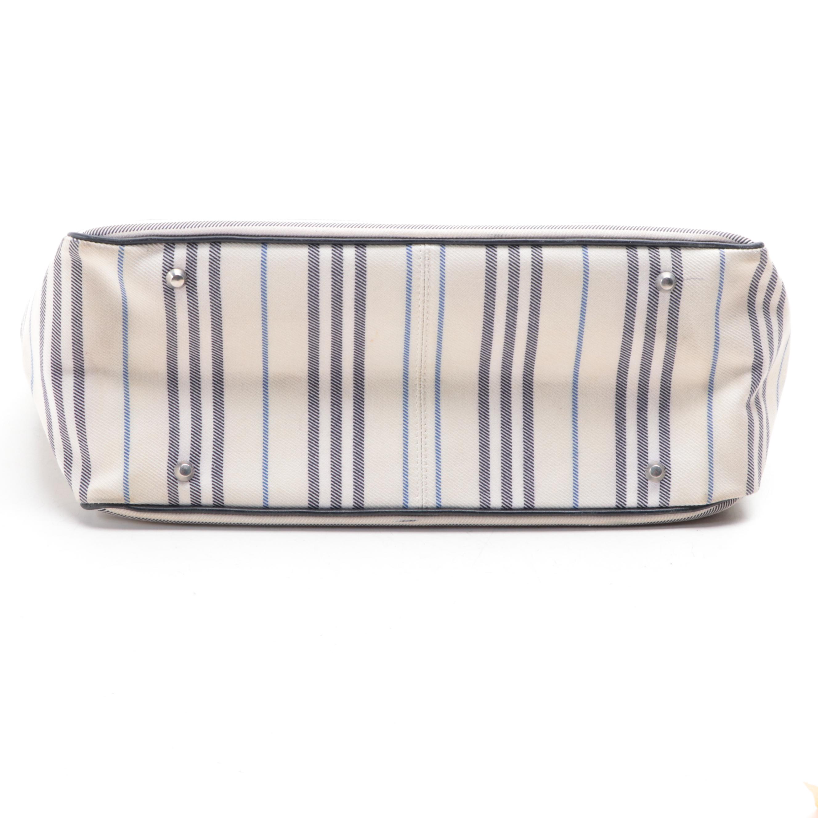 Burberry Striped Canvas and Leather Tote Bag