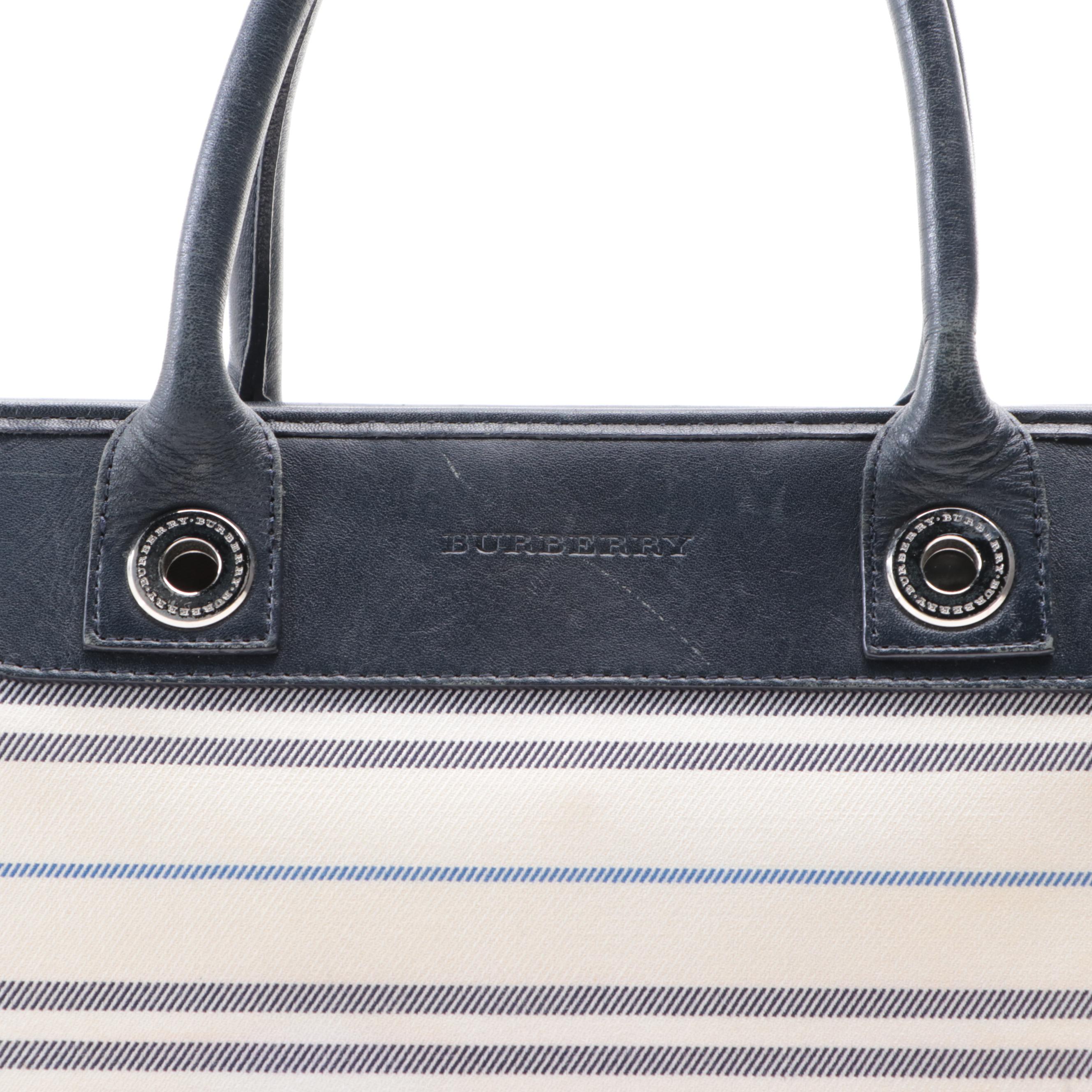 Burberry Striped Canvas and Leather Tote Bag