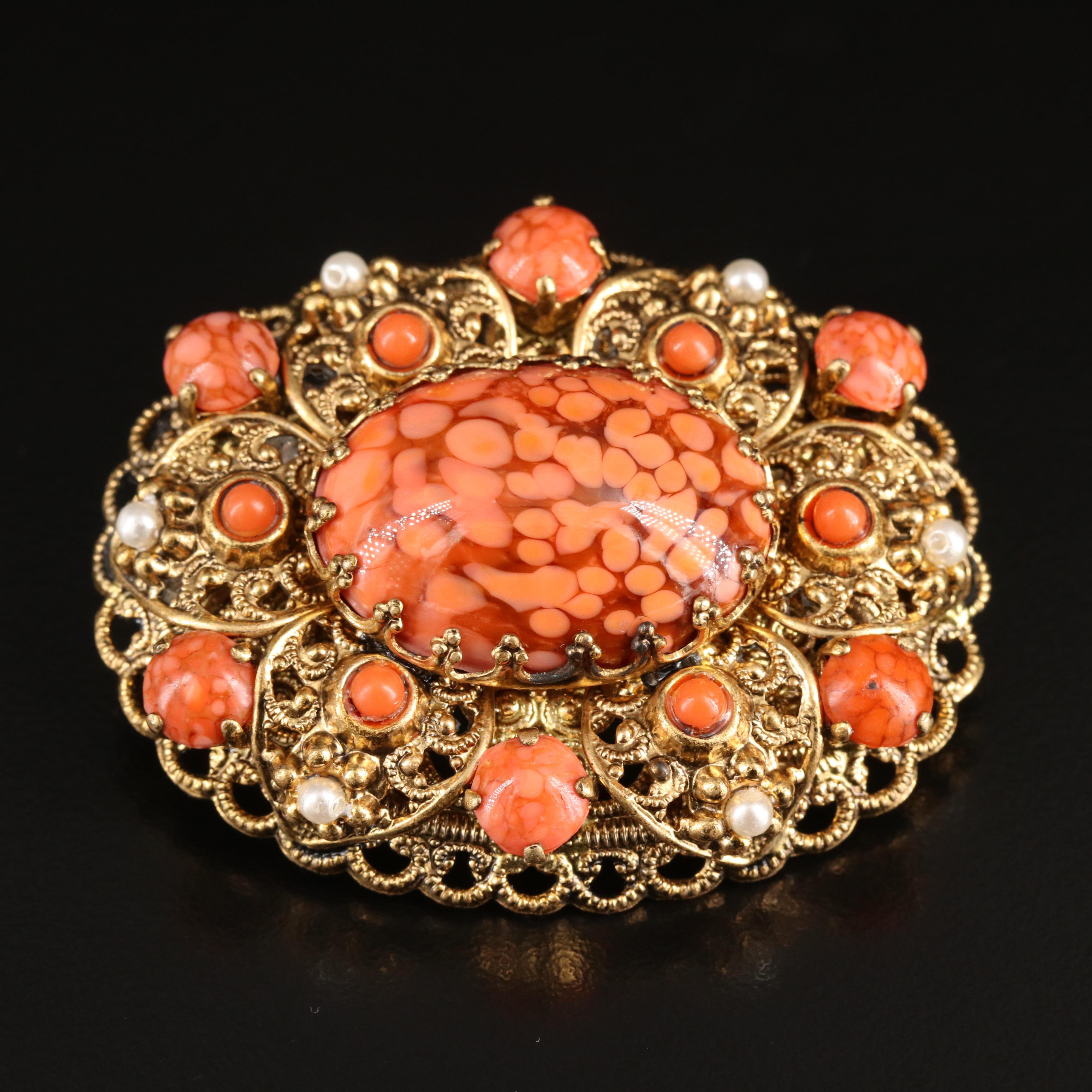 1950s West German Gilt Metal Art Glass Brooch