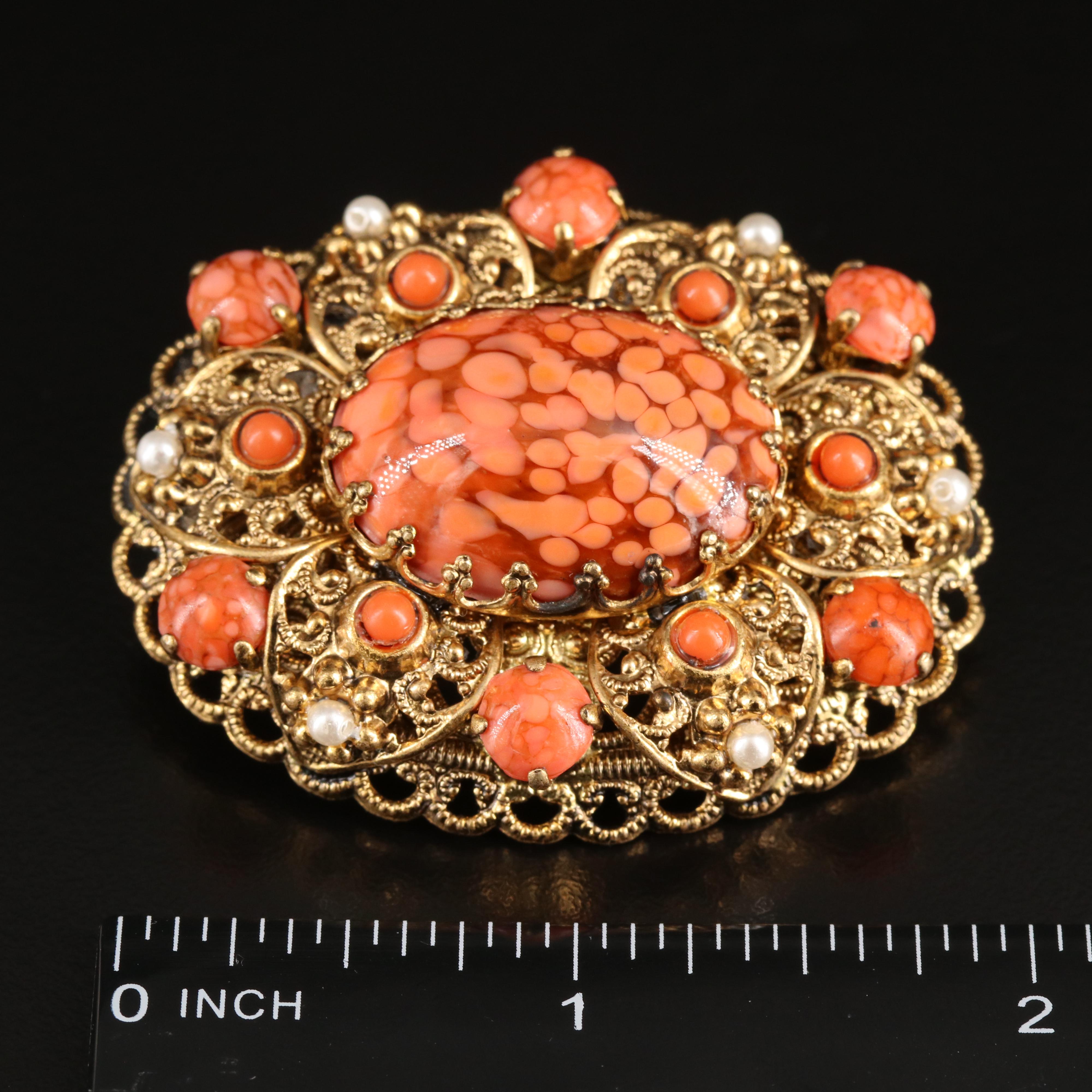 1950s West German Gilt Metal Art Glass Brooch
