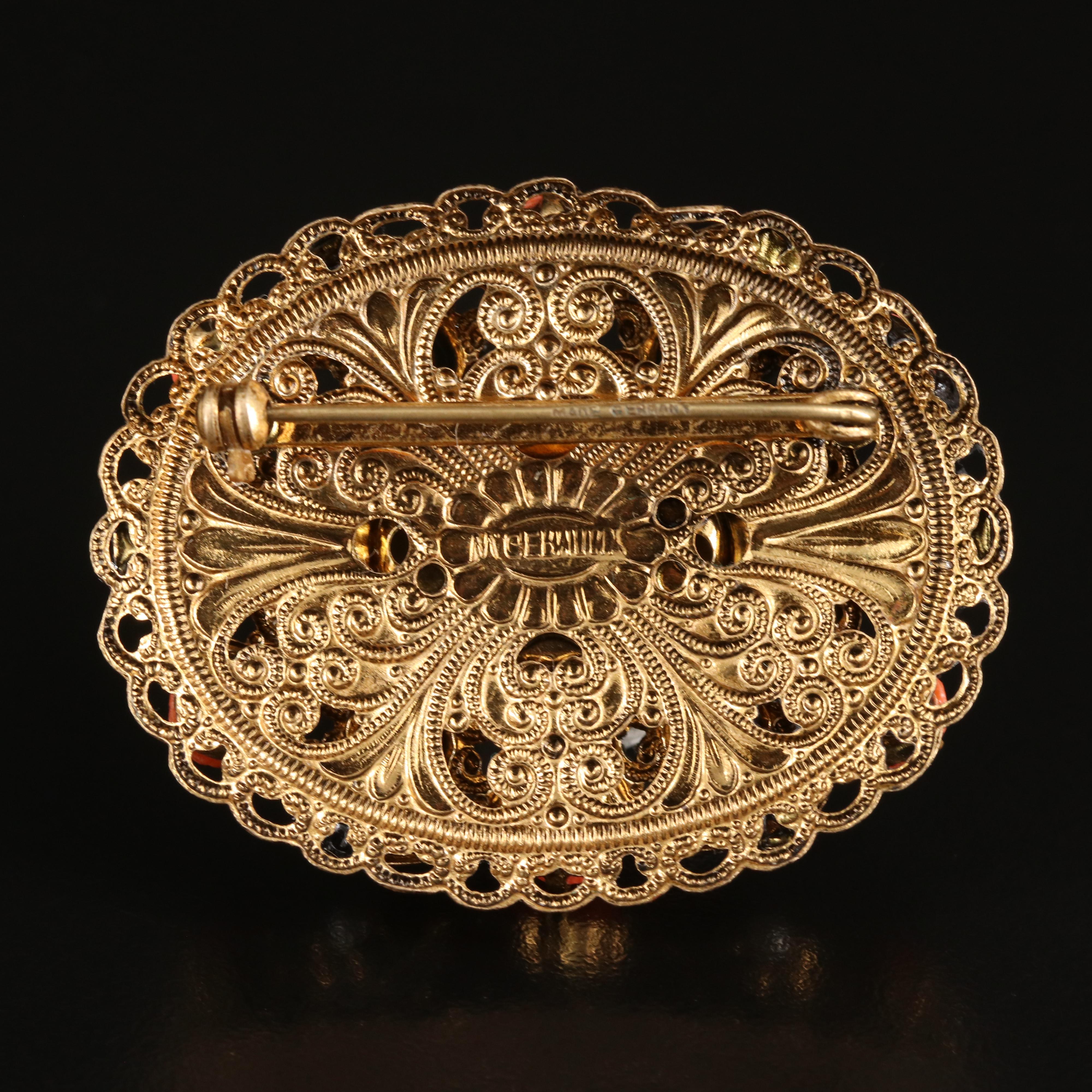 1950s West German Gilt Metal Art Glass Brooch