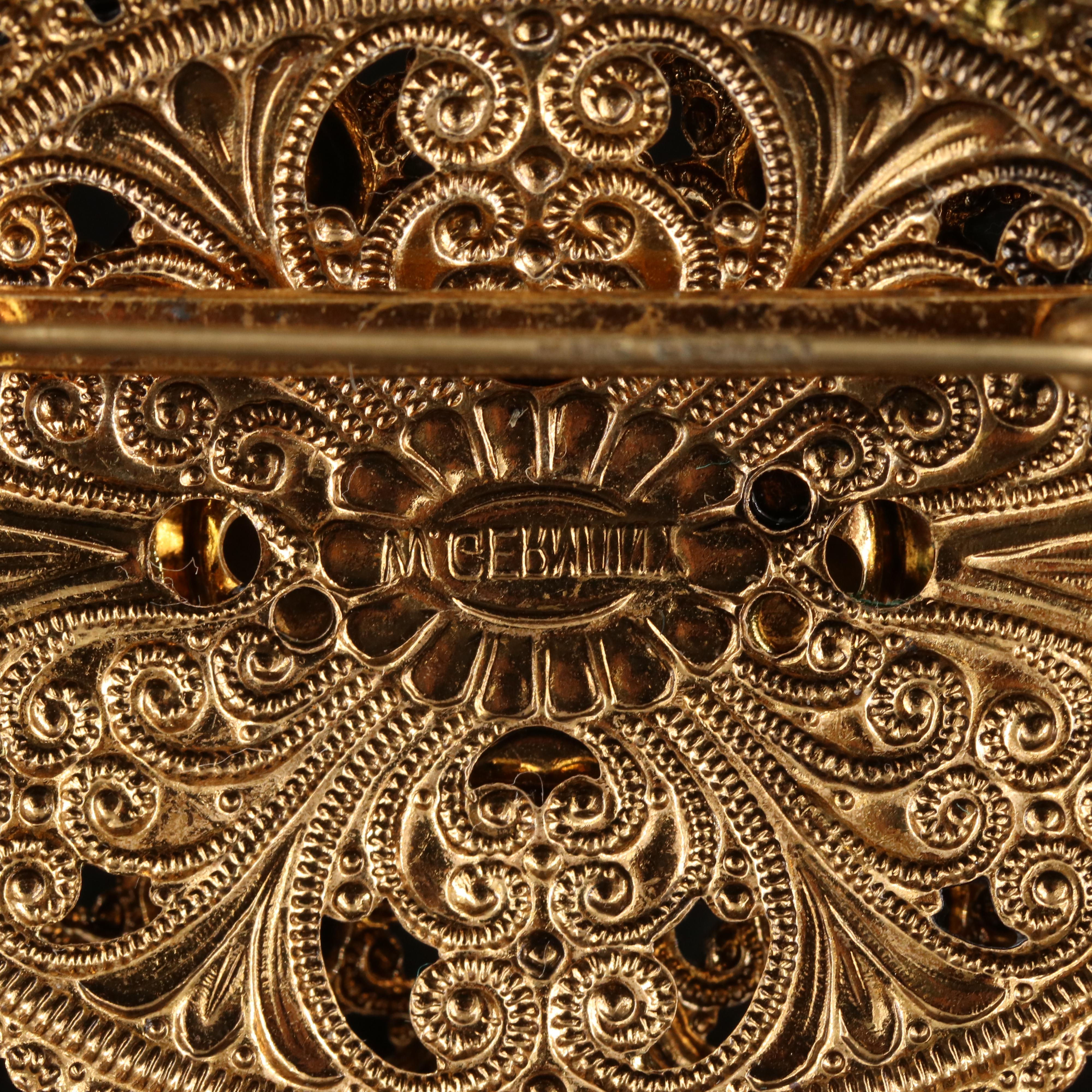 1950s West German Gilt Metal Art Glass Brooch